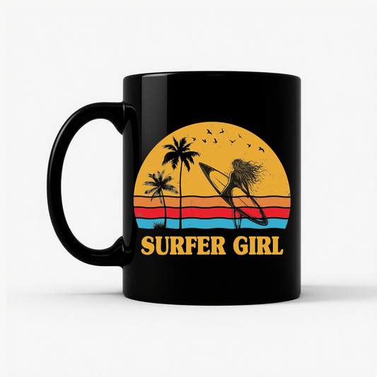 Surfer Girl Vintage Retro 70s Beach Surfing California Lover Mug in Black