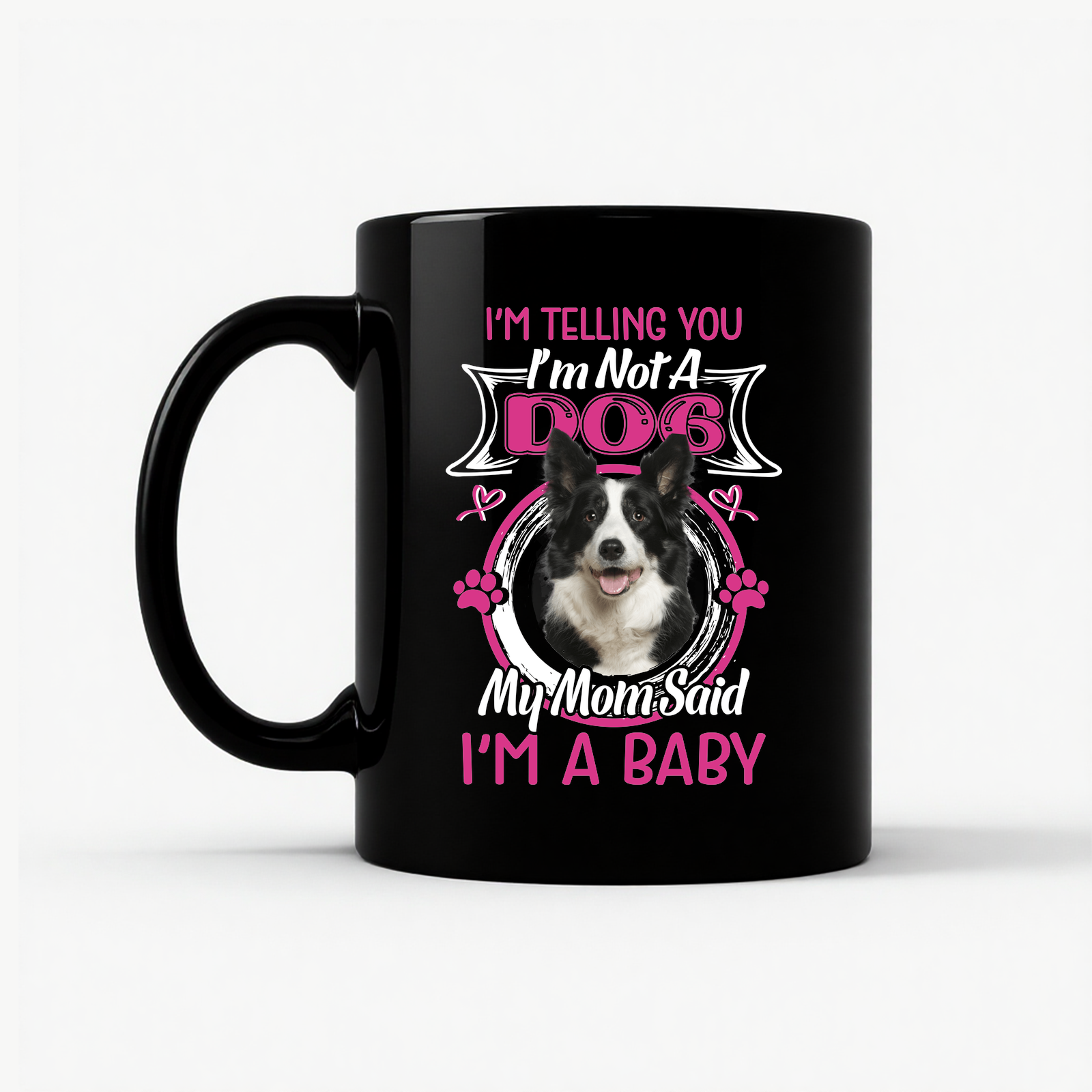 Border Collie 'I'm A Baby' Mug in Black