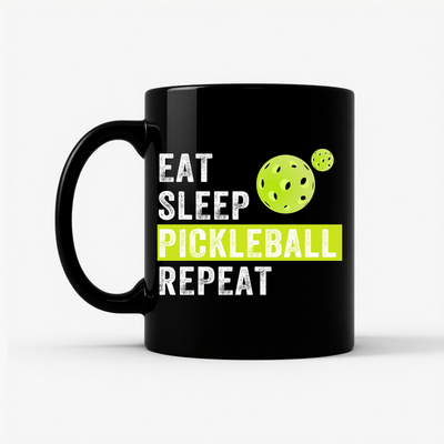 Eat Sleep Pickleball Repeat Funny Pickleball Player Mug in Black