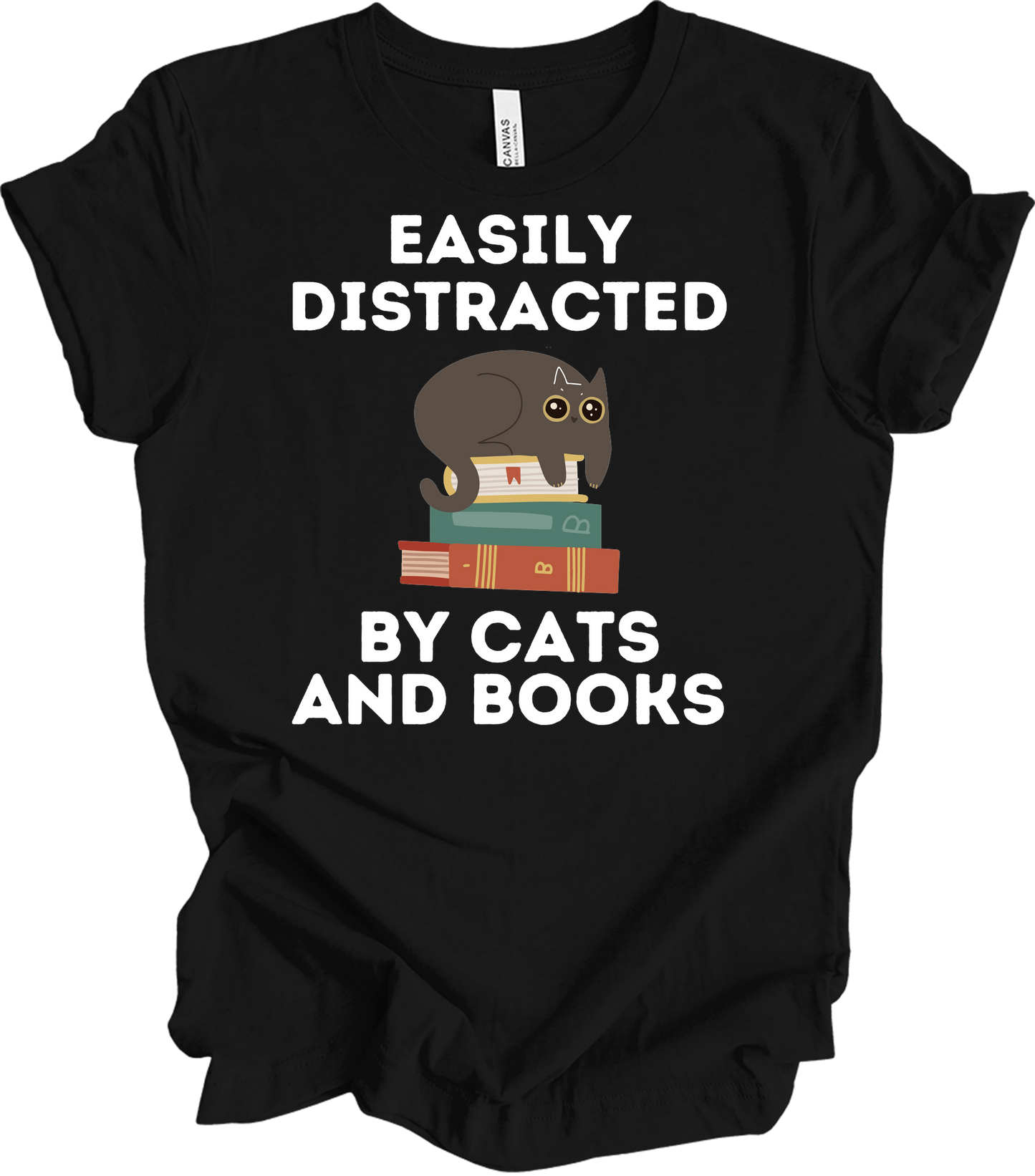 Cats and Books - Cute Cat Lover & Bookworm T-Shirt in Black