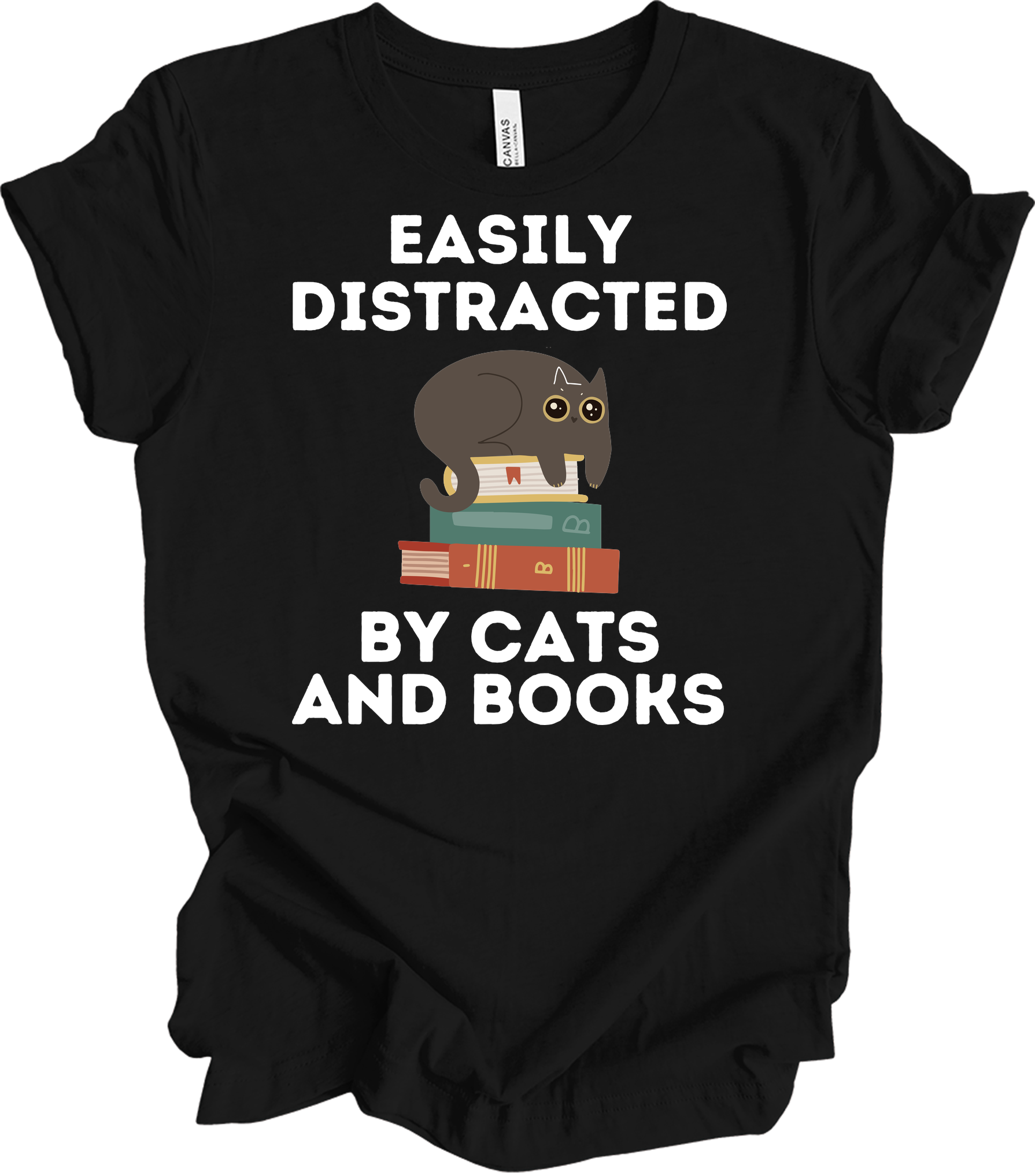 Cats and Books - Cute Cat Lover & Bookworm T-Shirt in Black