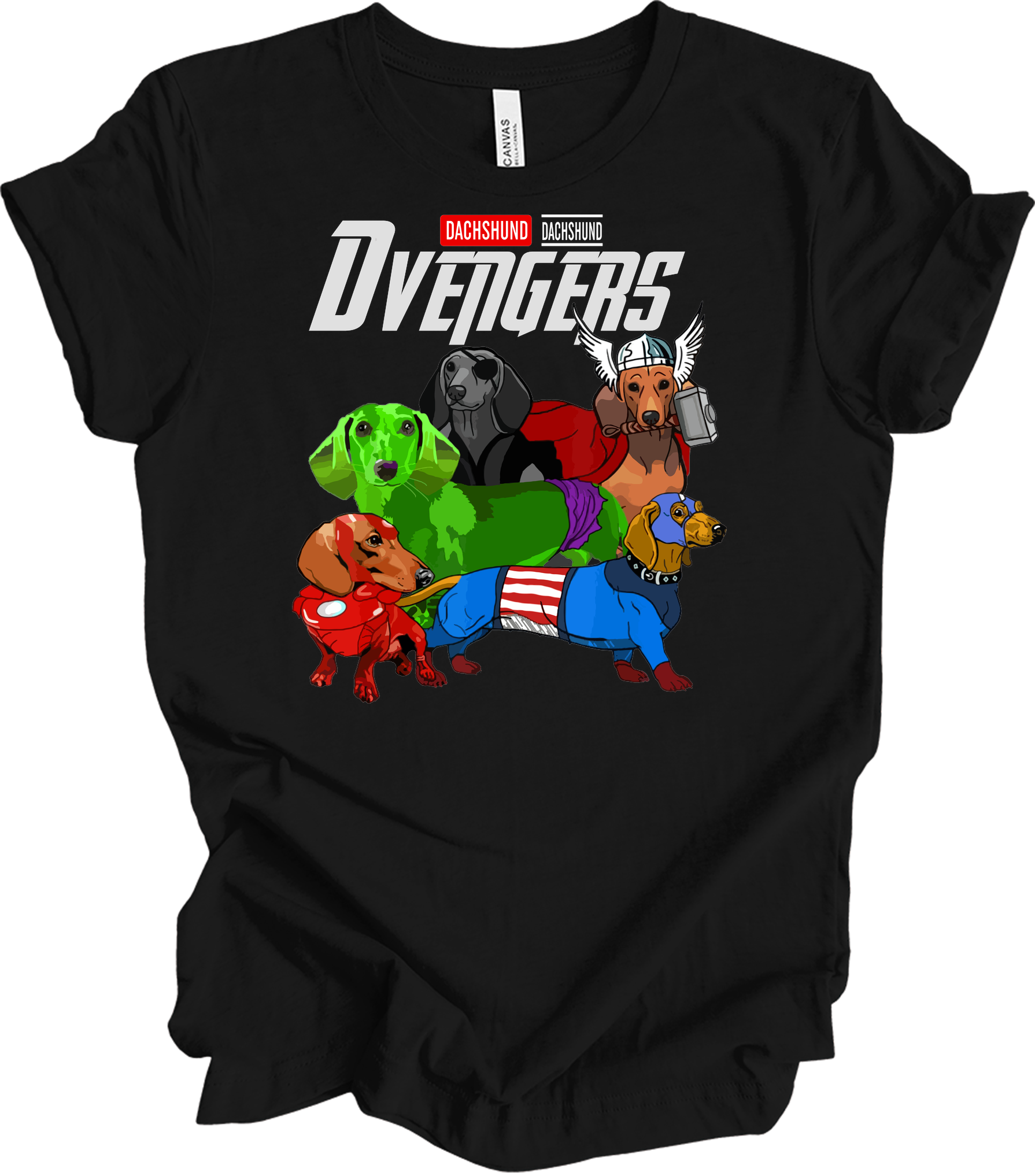 Dachshund Dvengers Funny Dog Lover Superhero T-Shirt in Black