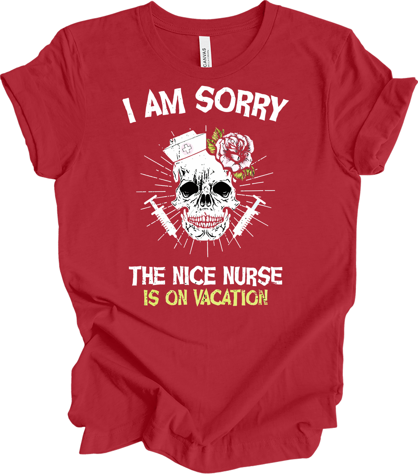 Nice Nurse Vacation Skull T-Shirt in Canvas Red