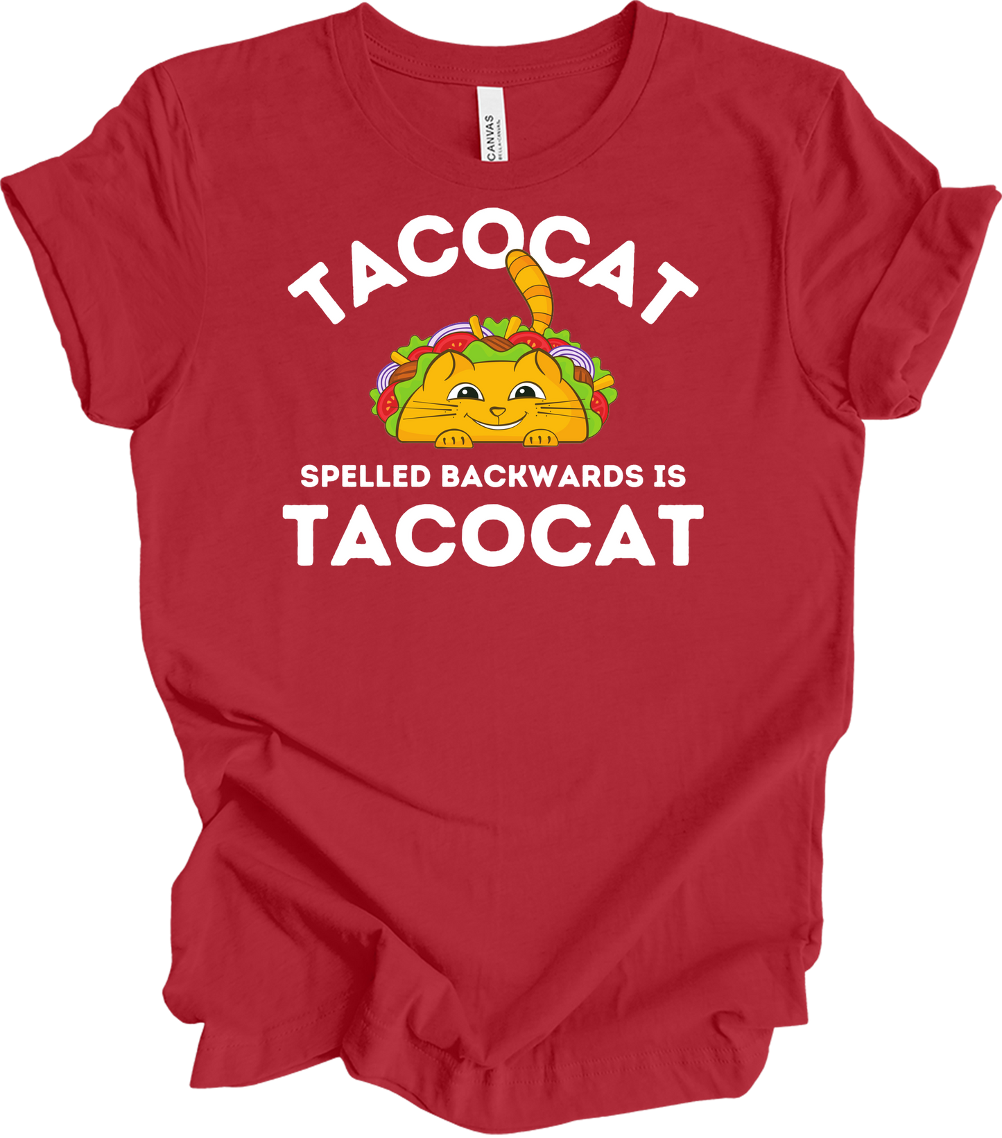Tacocat Spelled Backwards Funny Taco Cat T-Shirt in Canvas Red