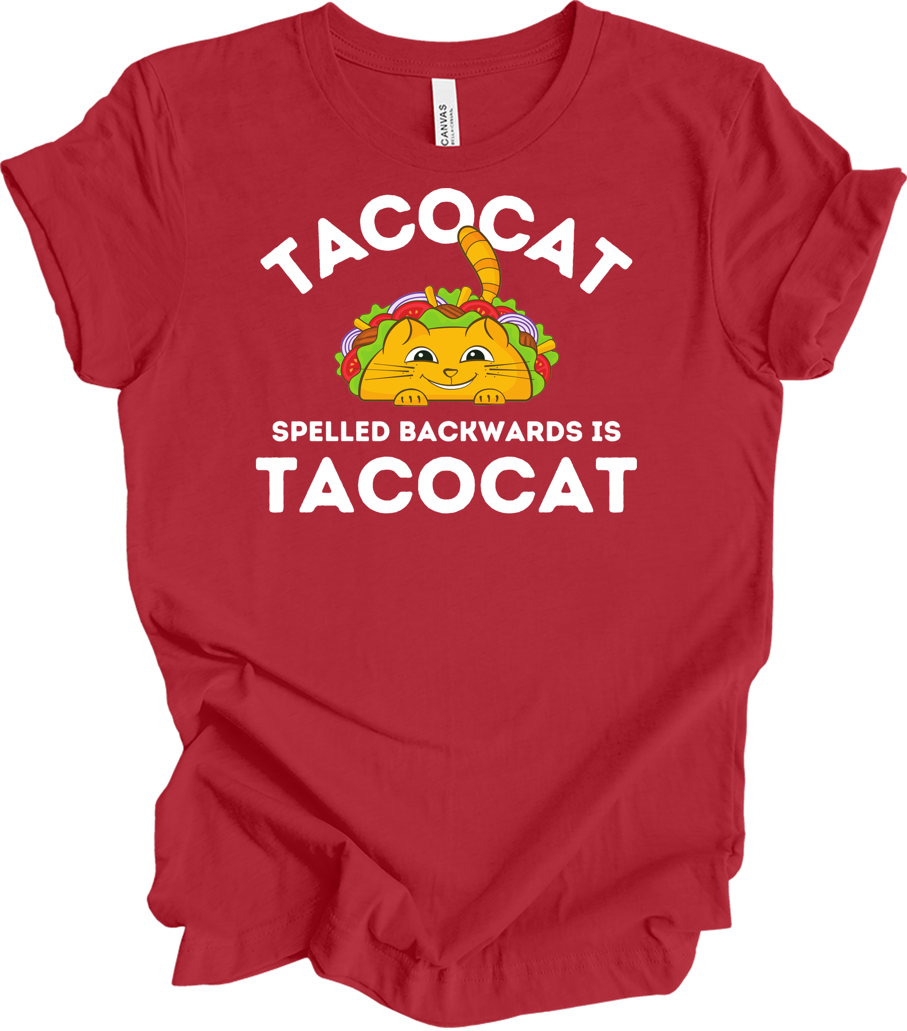 Tacocat Spelled Backwards Funny Taco Cat T-Shirt in Canvas Red