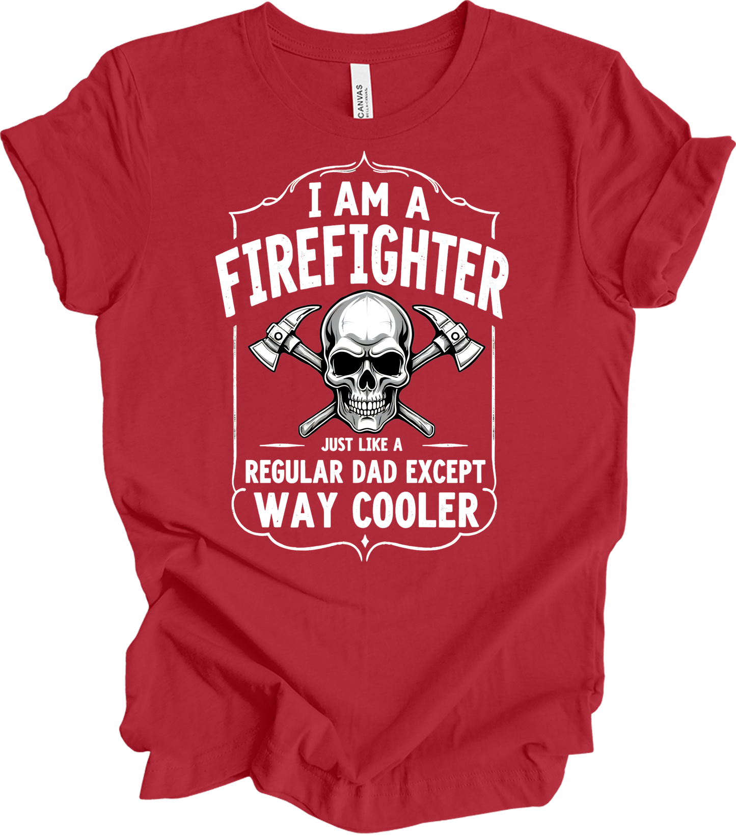 Firefighter Dad Cool Skull T-Shirt in Canvas Red