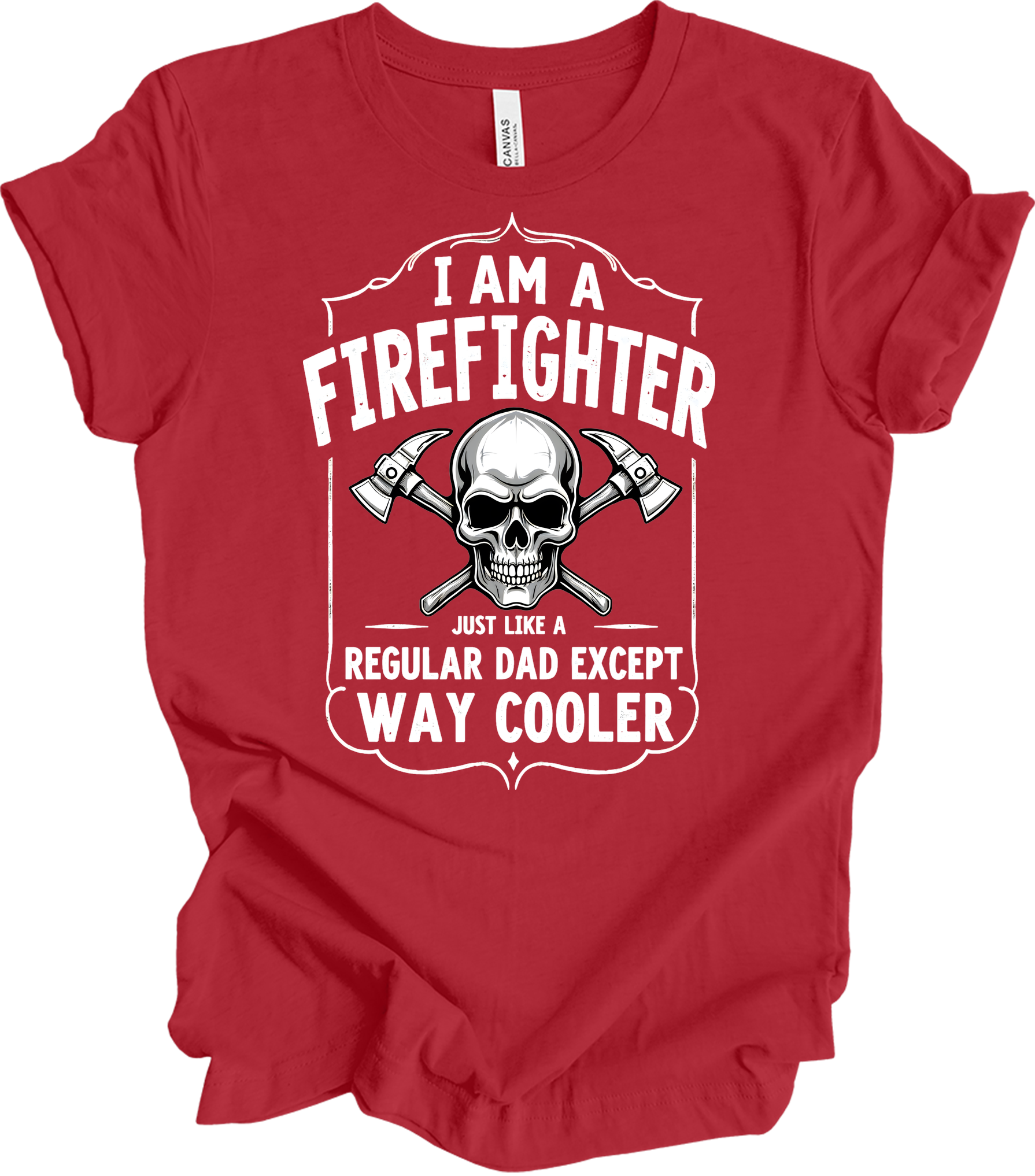 Firefighter Dad Cool Skull T-Shirt in Canvas Red