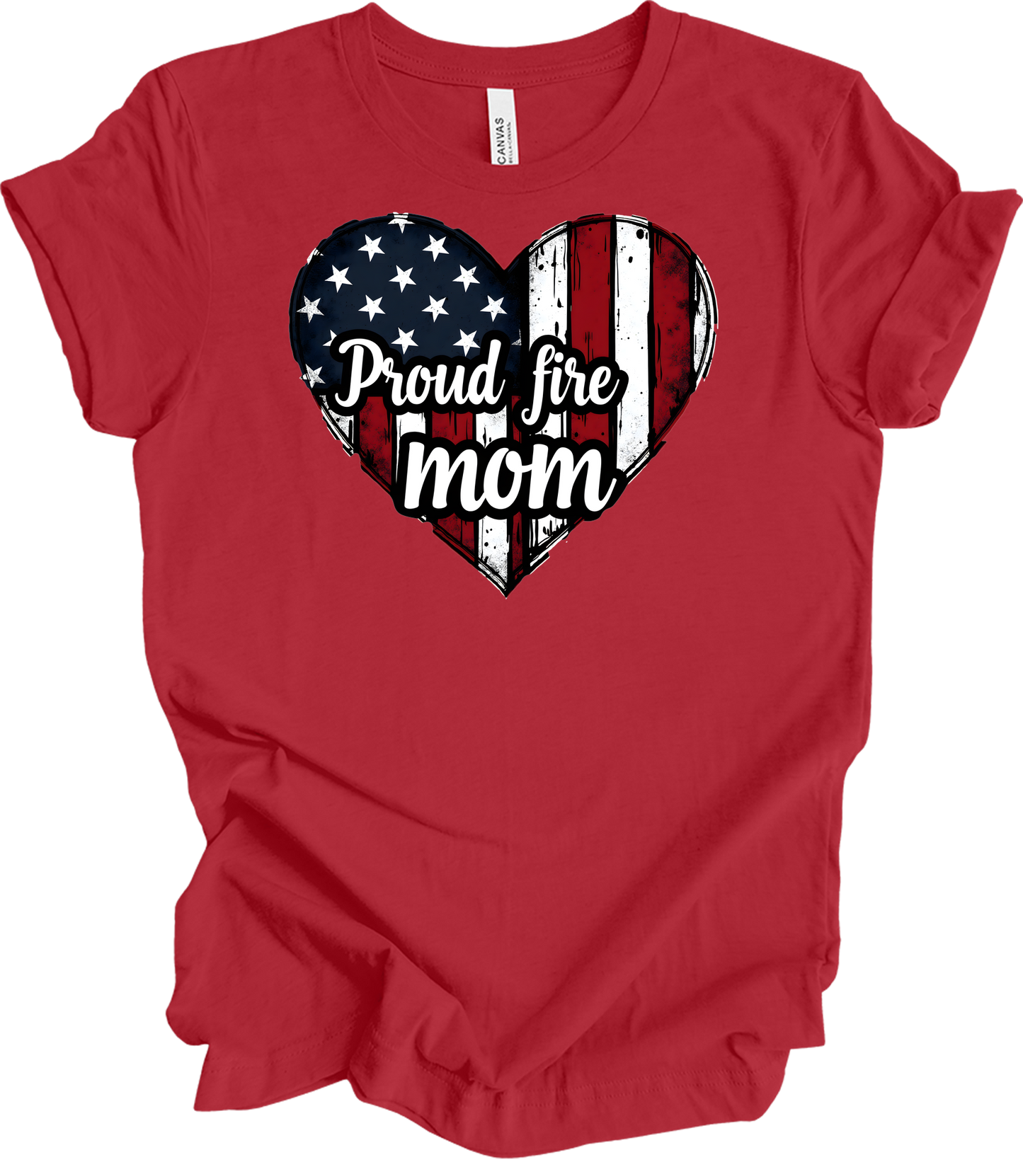 Proud Fire Mom - USA Flag Heart T-Shirt in Canvas Red