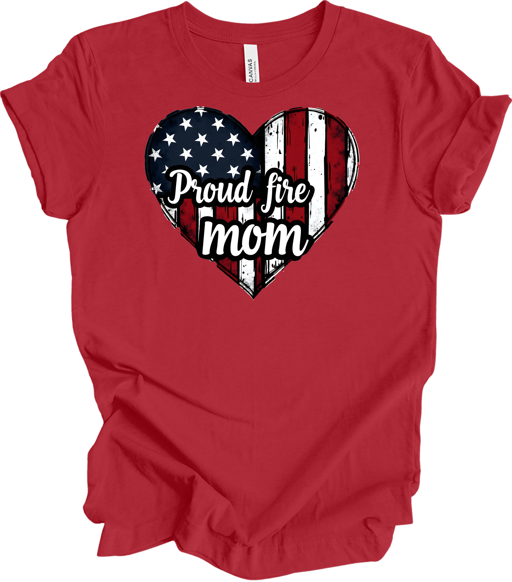 Proud Fire Mom - USA Flag Heart T-Shirt in Canvas Red