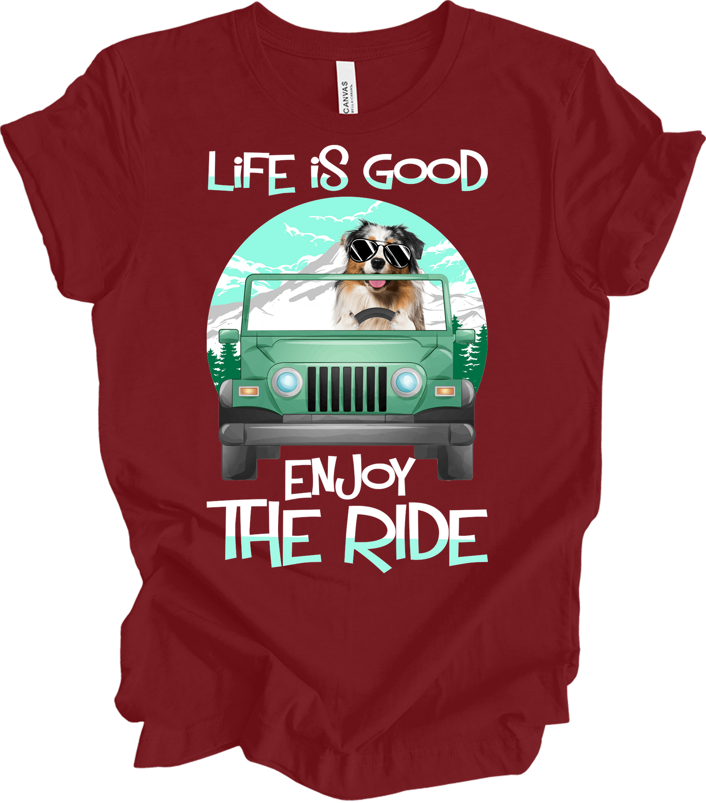 Australian Shepherd Jeep Dog - Life is Good Aussie Mom Gift T-Shirt in Cardinal