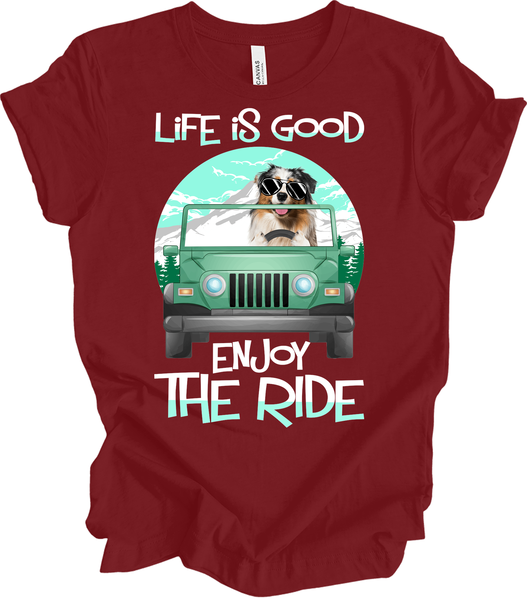 Australian Shepherd Jeep Dog - Life is Good Aussie Mom Gift T-Shirt in Cardinal