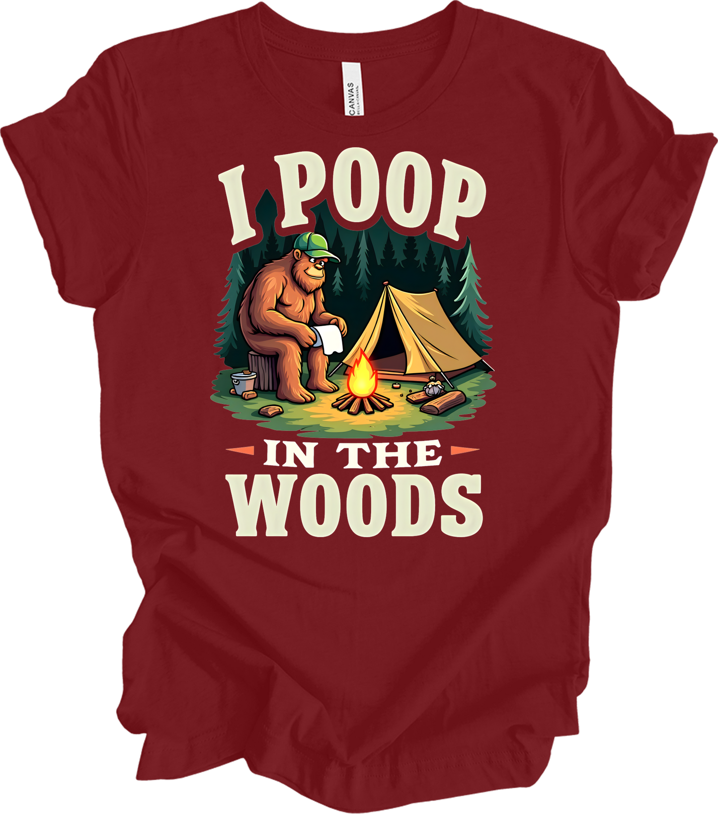 Bigfoot Camping - Funny T-Shirt in Cardinal