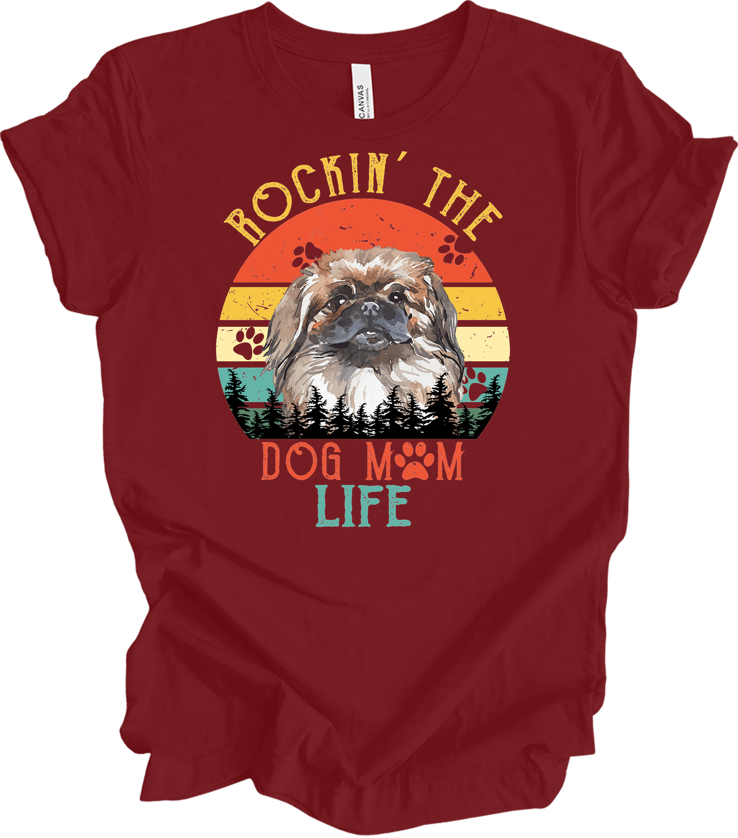 Pekingese Dog Mom Life Retro Sunset T-Shirt in Cardinal