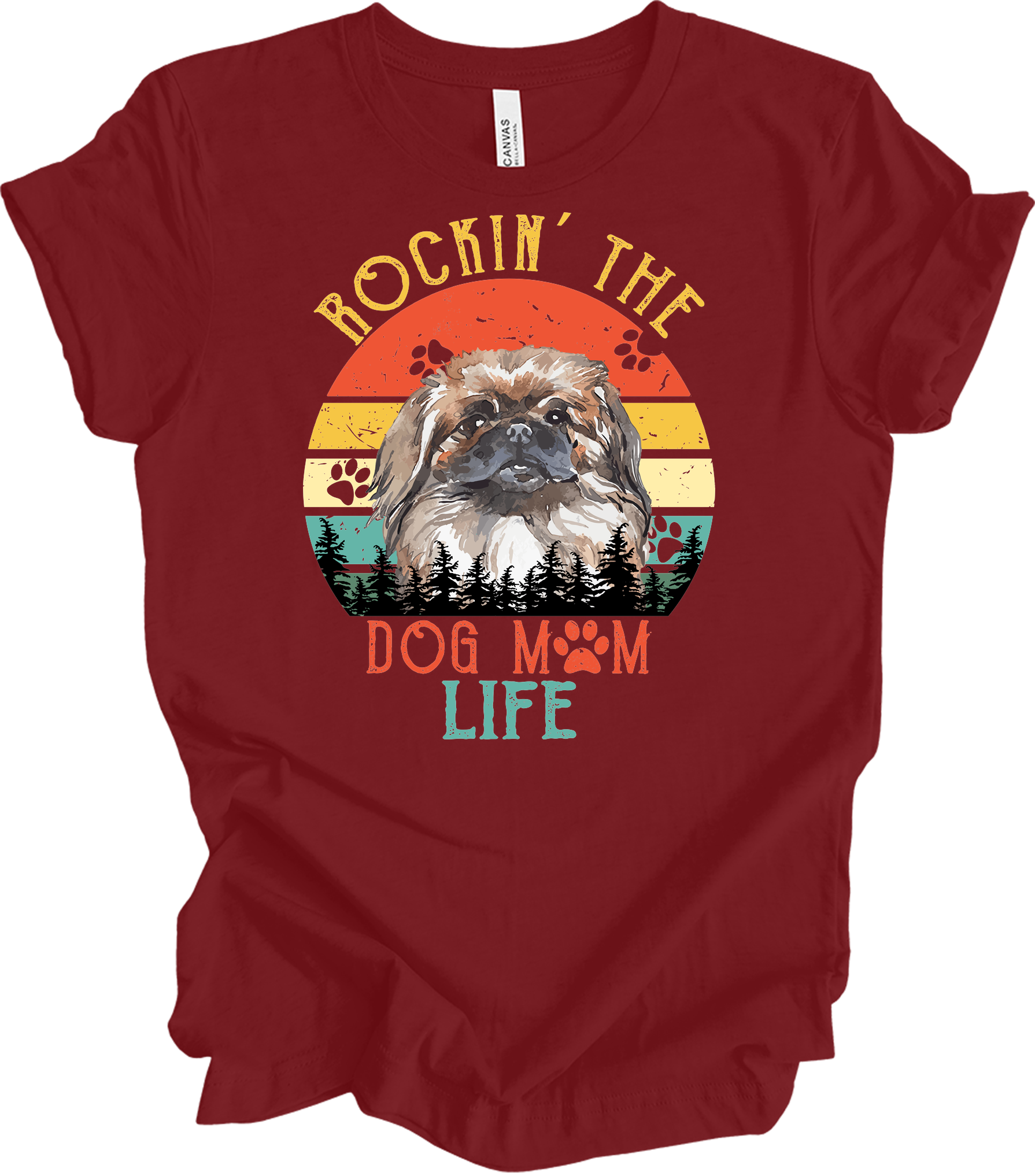 Pekingese Dog Mom Life Retro Sunset T-Shirt in Cardinal