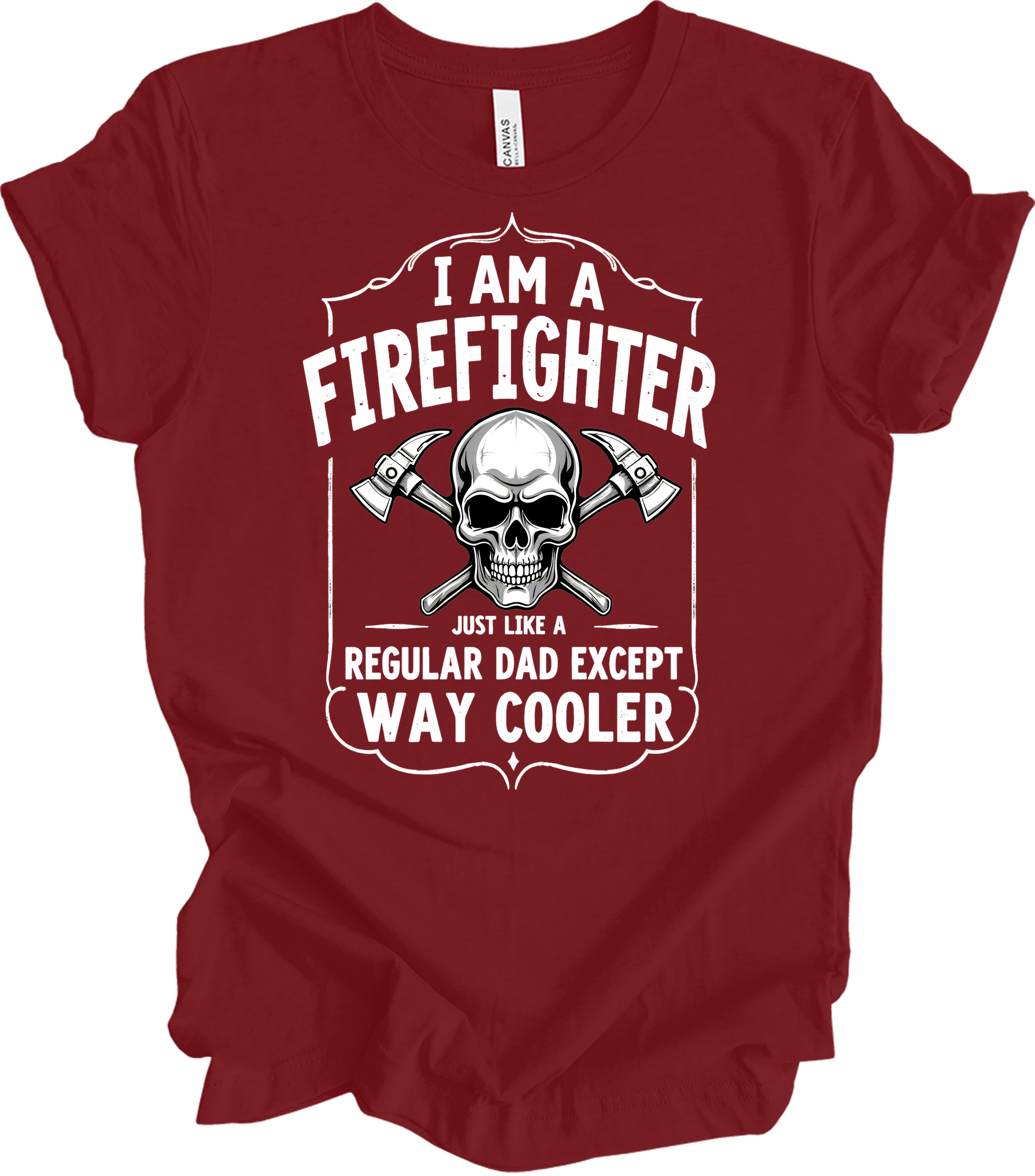 Firefighter Dad Cool Skull T-Shirt in Cardinal