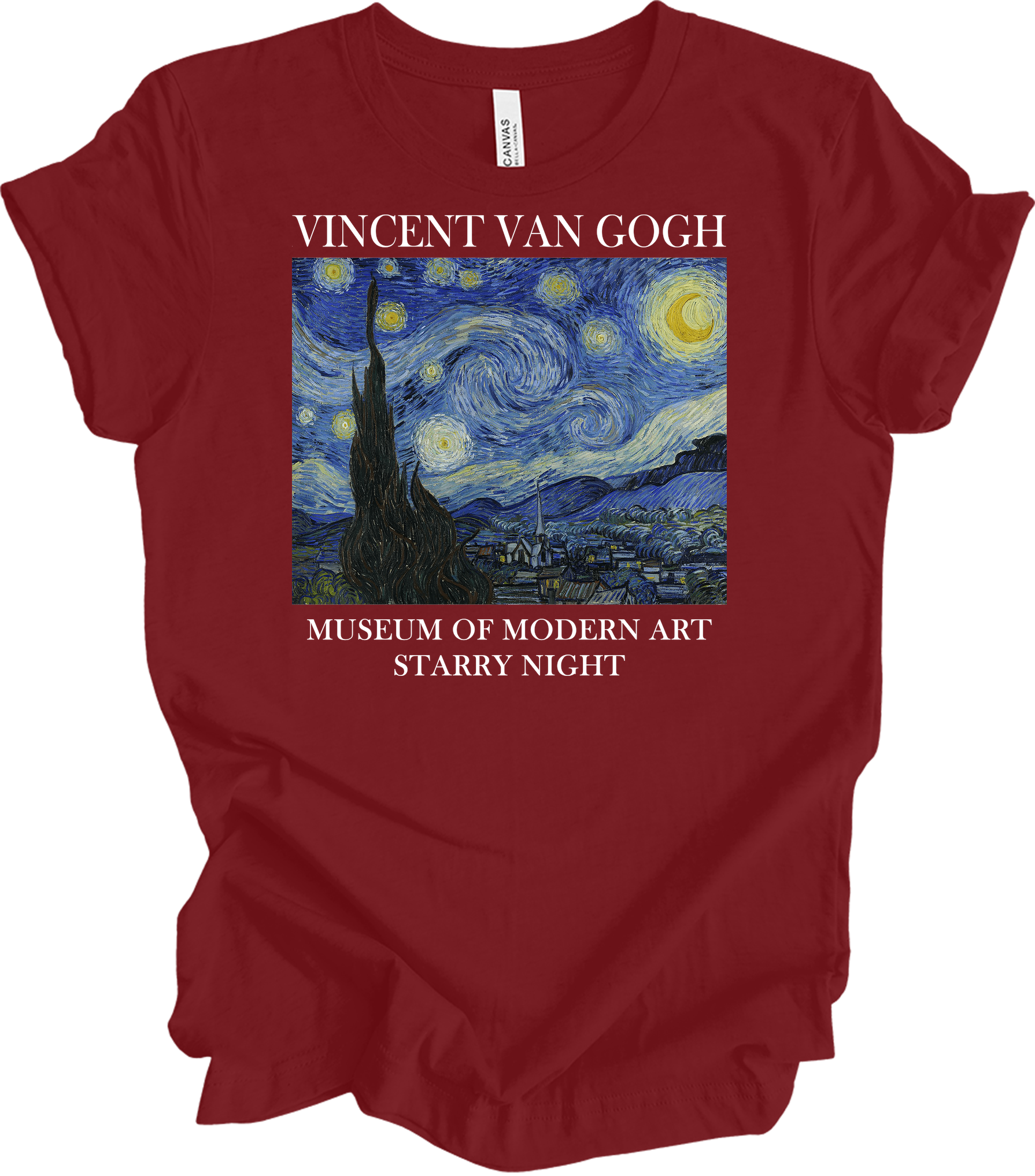 Van Gogh Starry Night Painting Art T-Shirt in Cardinal