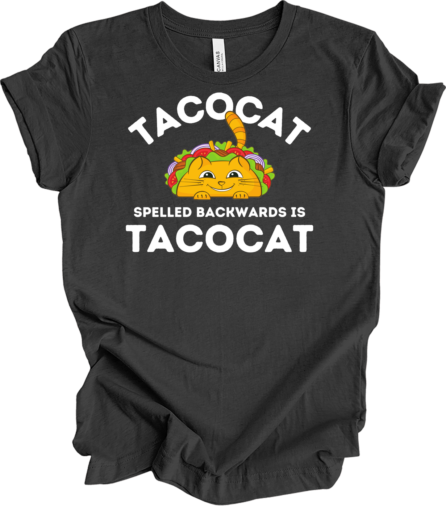 Tacocat Spelled Backwards Funny Taco Cat T-Shirt in Dark Grey Heather