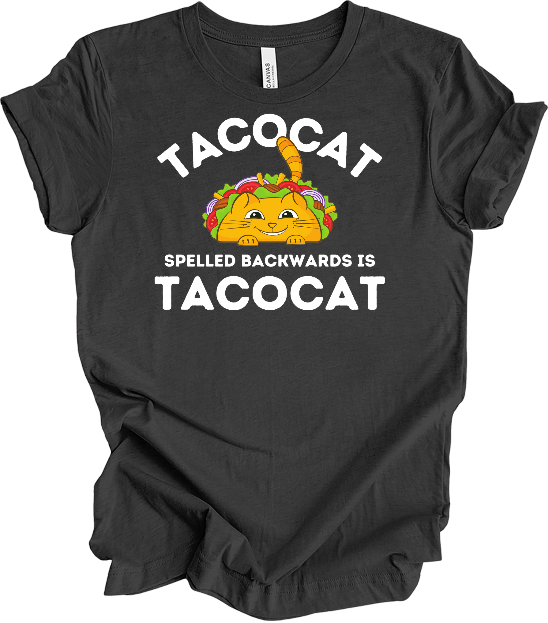 Tacocat Spelled Backwards Funny Taco Cat T-Shirt in Dark Grey Heather
