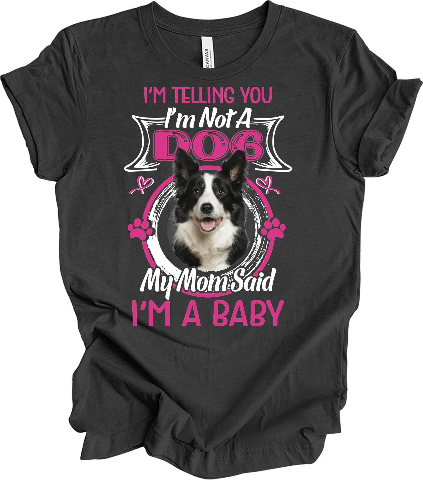 Border Collie 'I'm A Baby' T-Shirt in Dark Grey Heather