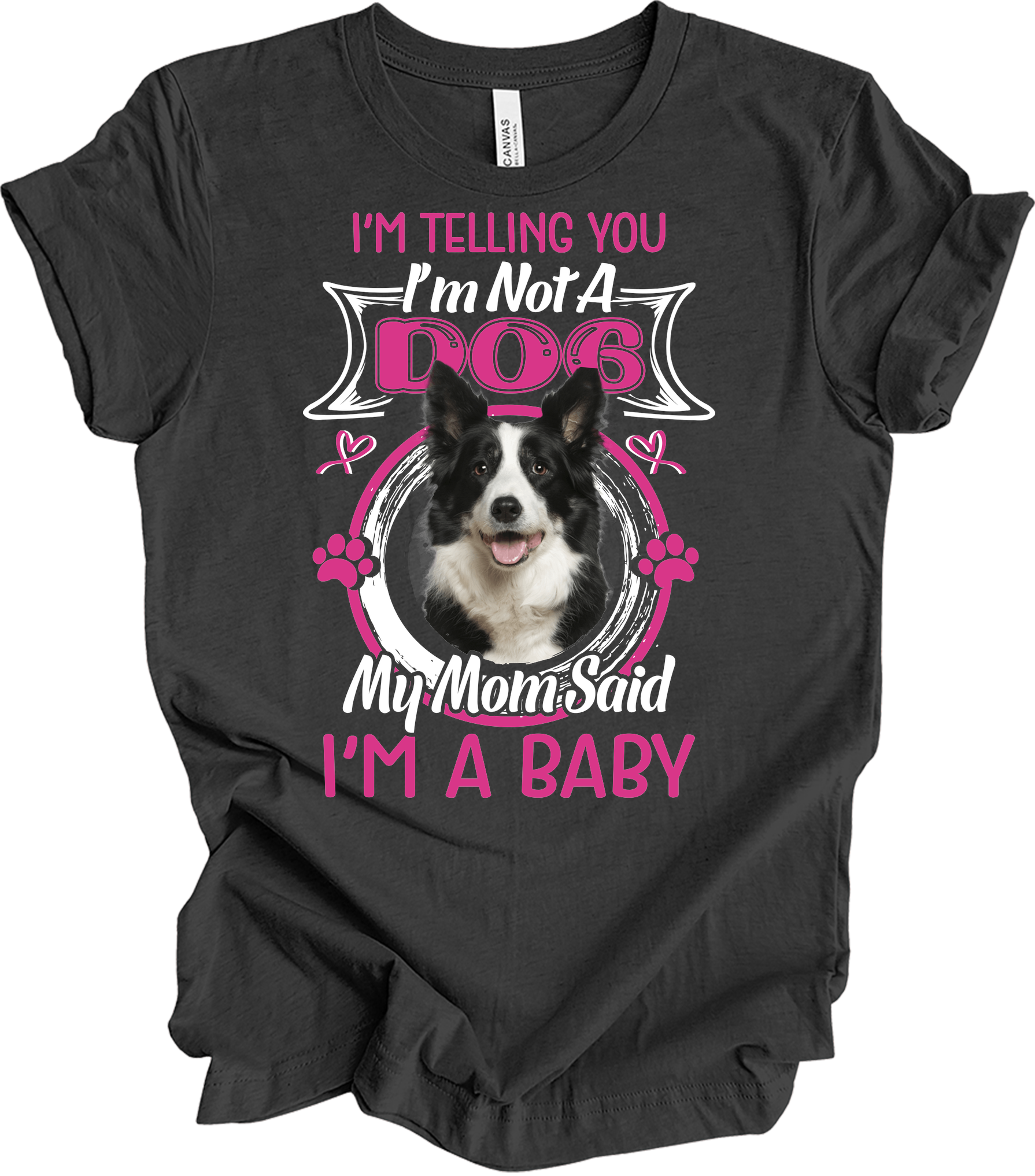 Border Collie 'I'm A Baby' T-Shirt in Dark Grey Heather