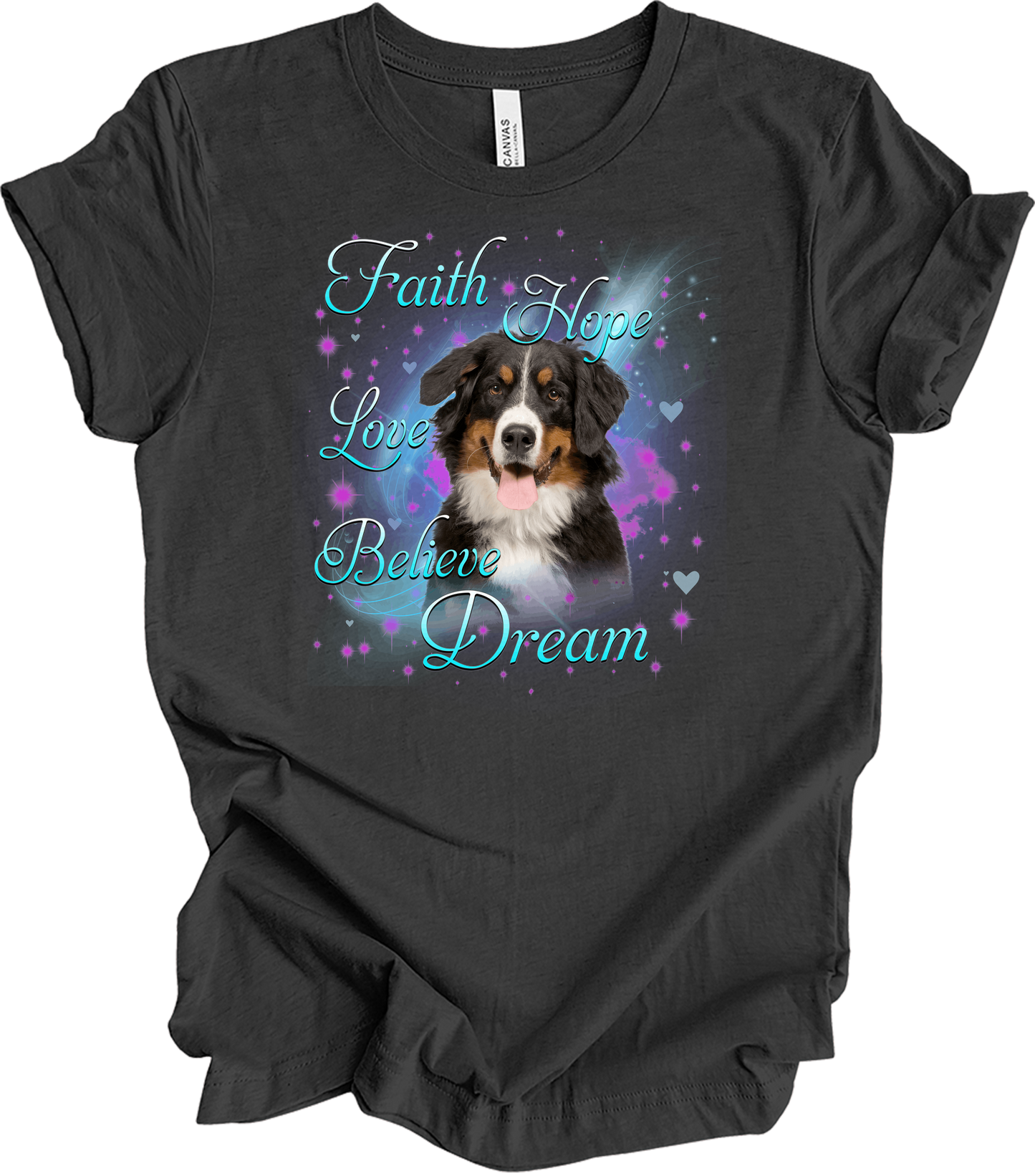 Bernese Mountain Dog Faith Hope Love Believe Dream Inspirational T-Shirt in Dark Grey Heather