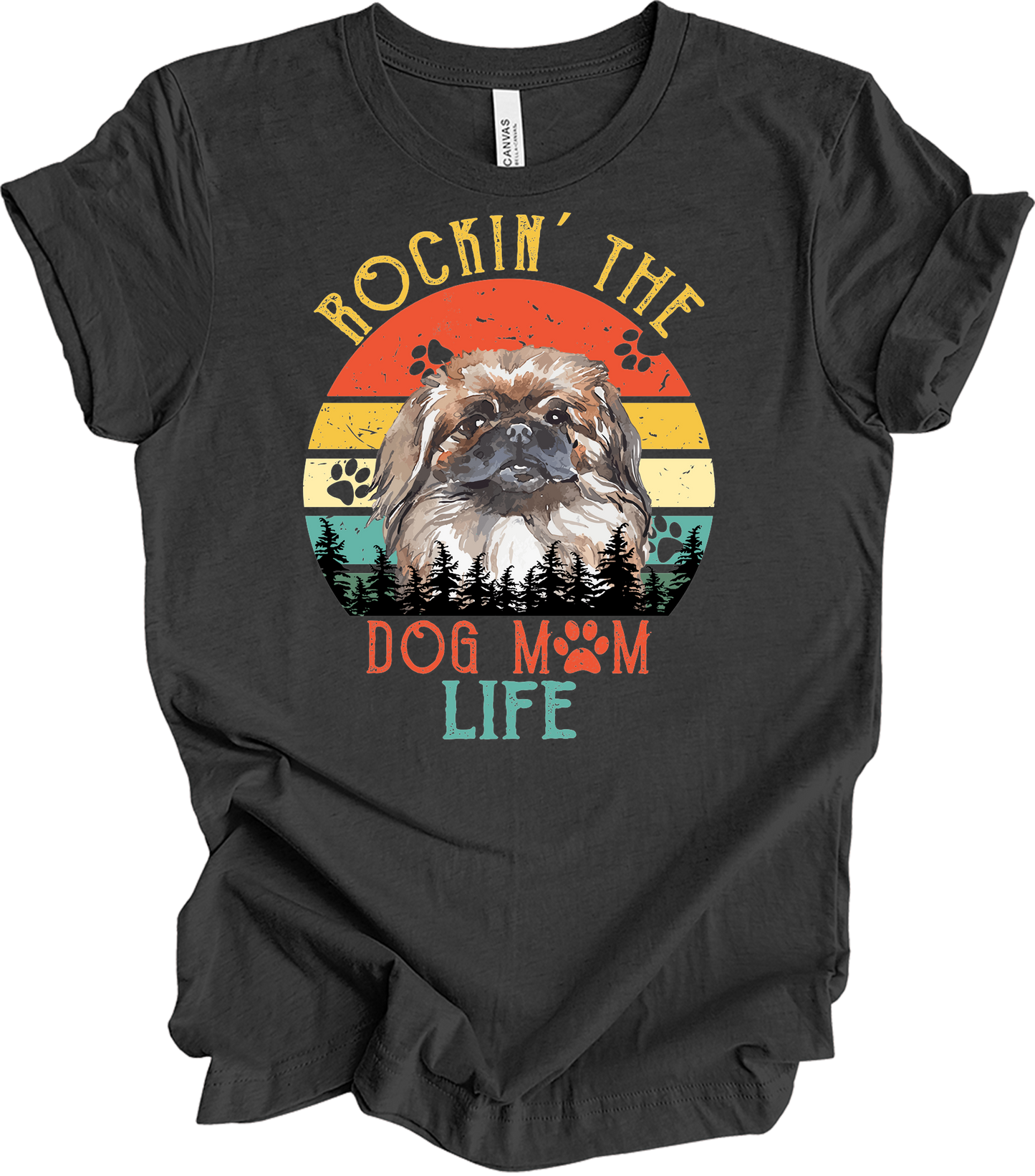 Pekingese Dog Mom Life Retro Sunset T-Shirt in Dark Grey Heather