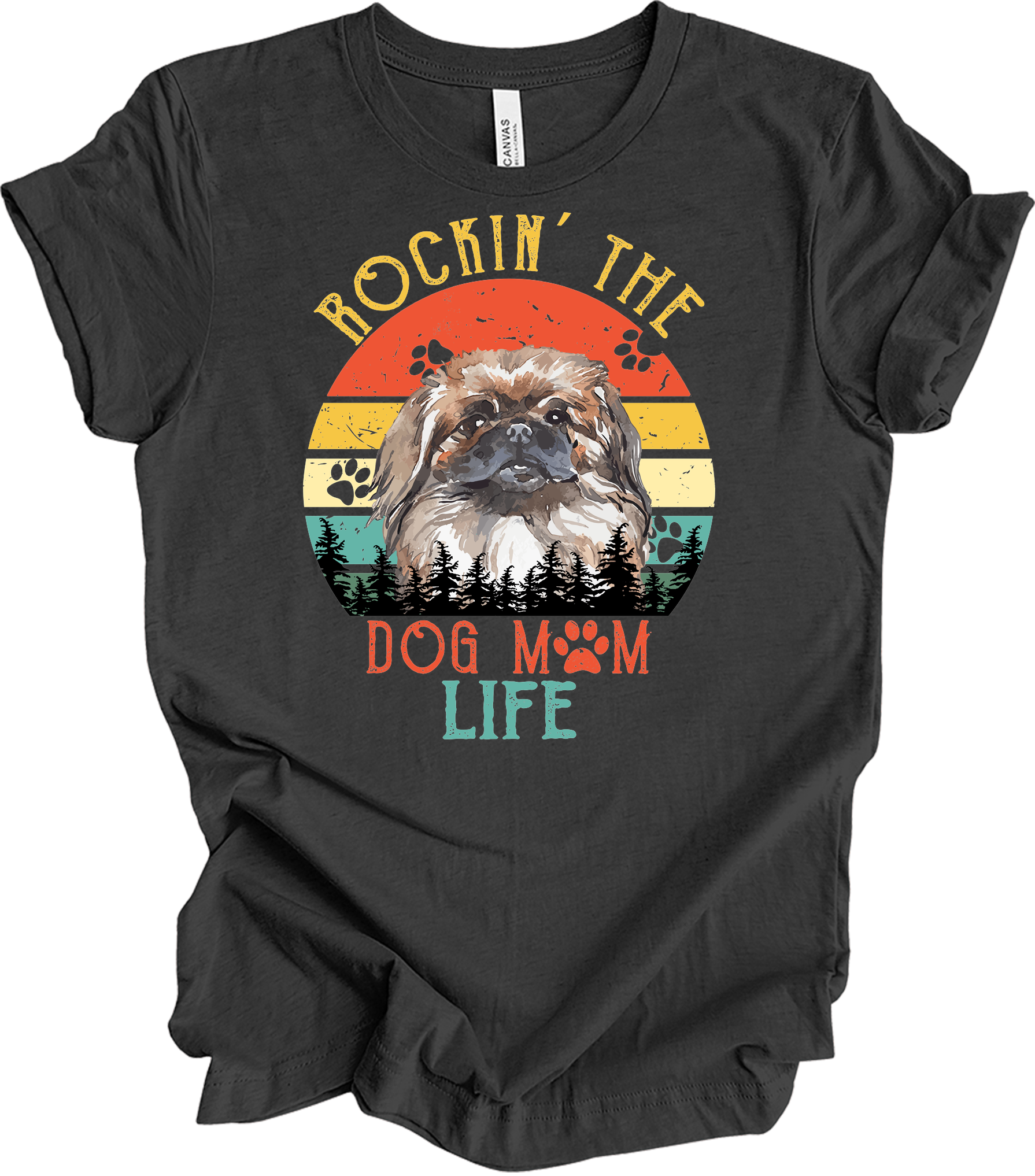 Pekingese Dog Mom Life Retro Sunset T-Shirt in Dark Grey Heather