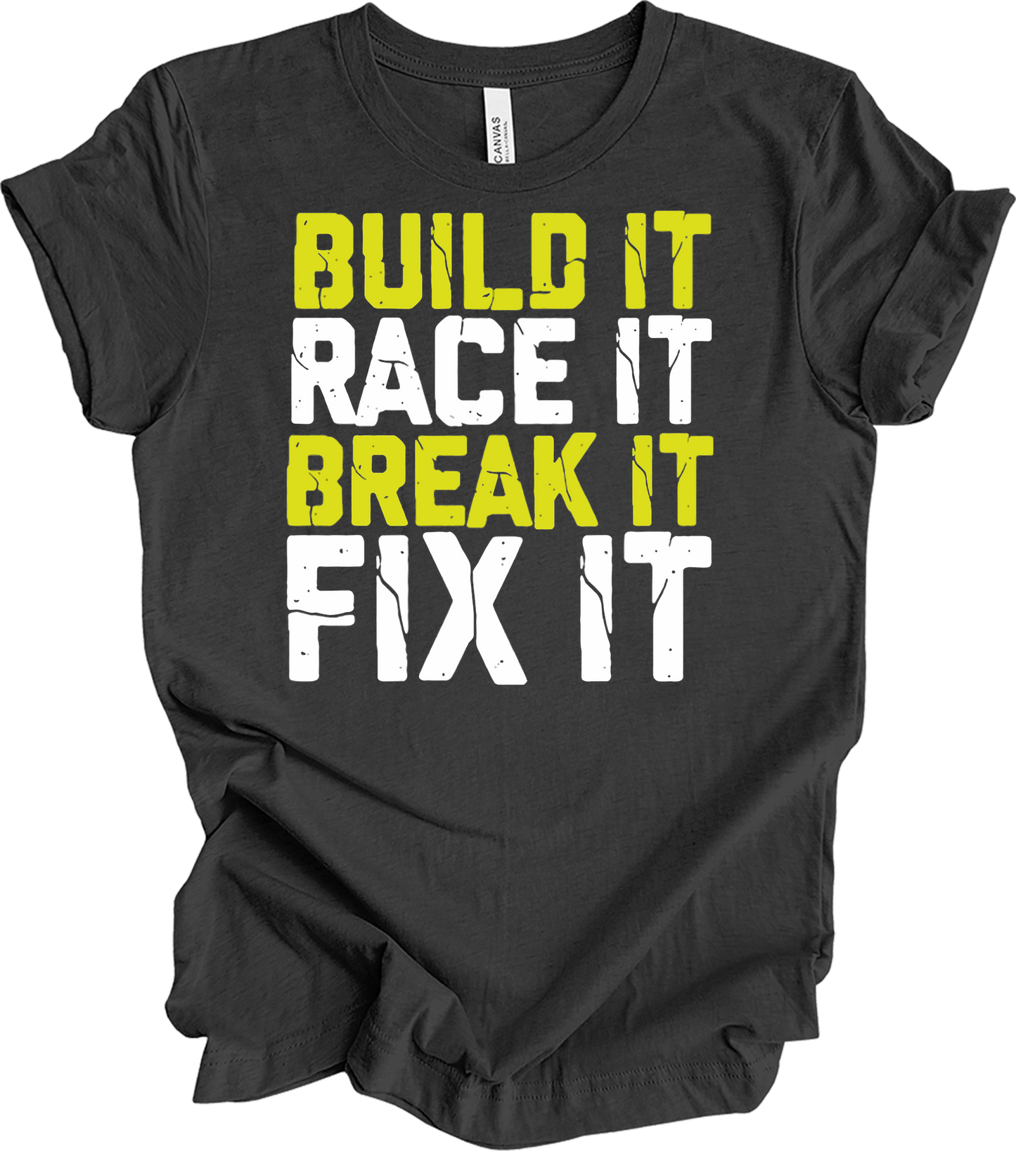 Build Race Break Fix - Funny RC Car & Mechanic T-Shirt in Dark Grey Heather