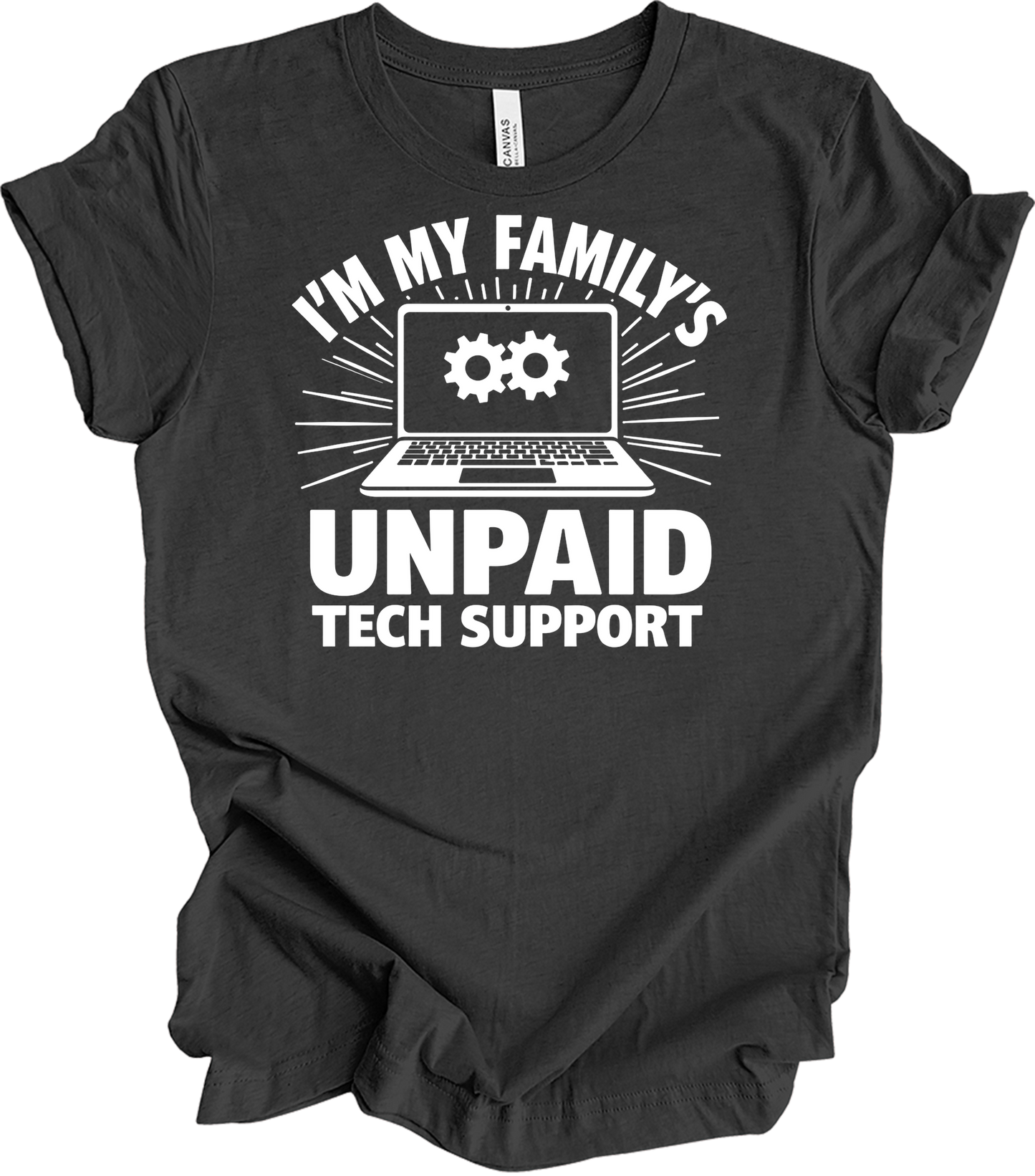 Unpaid Tech Support Funny T-Shirt in Dark Grey Heather