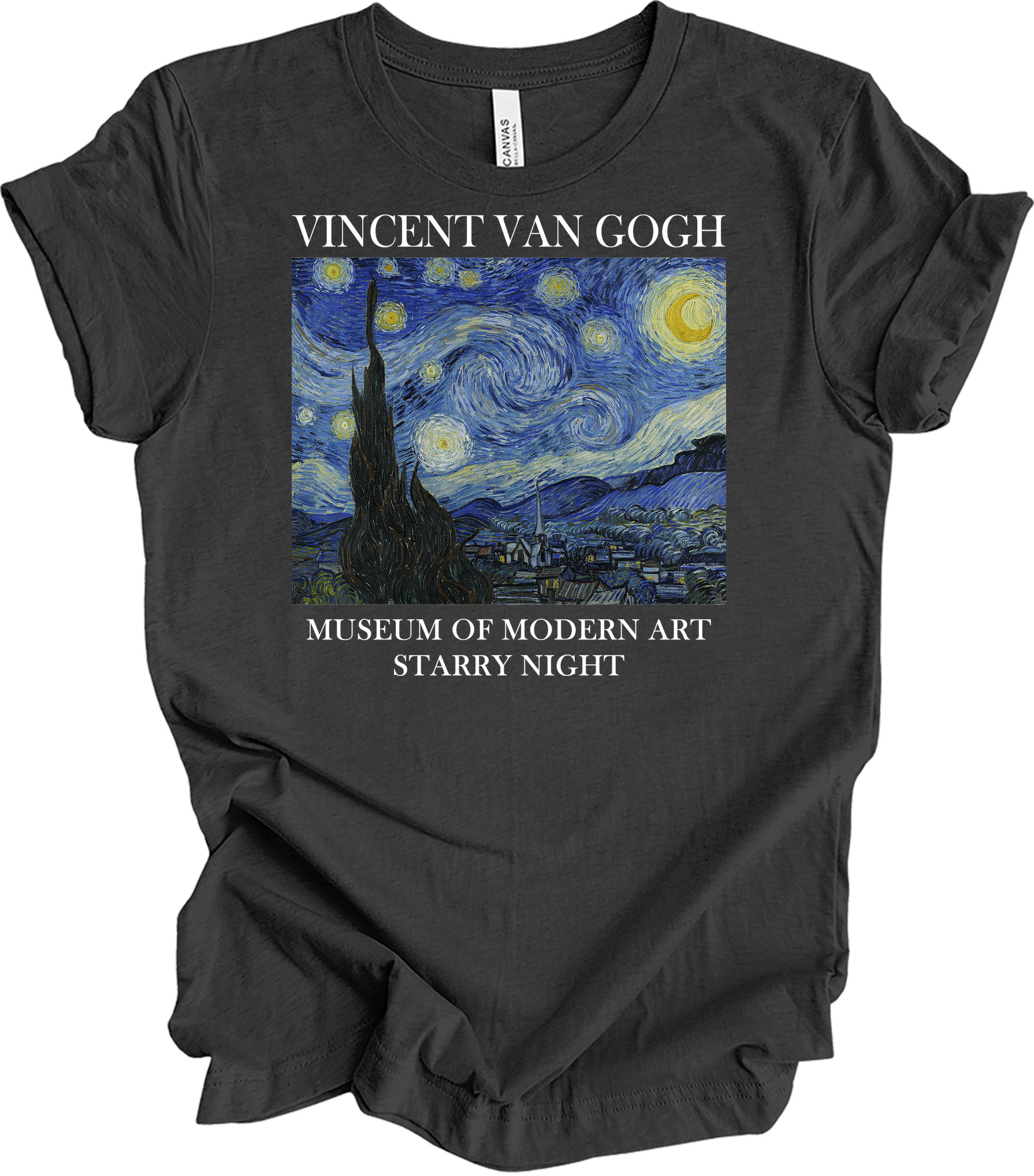 Van Gogh Starry Night Painting Art T-Shirt in Dark Grey Heather