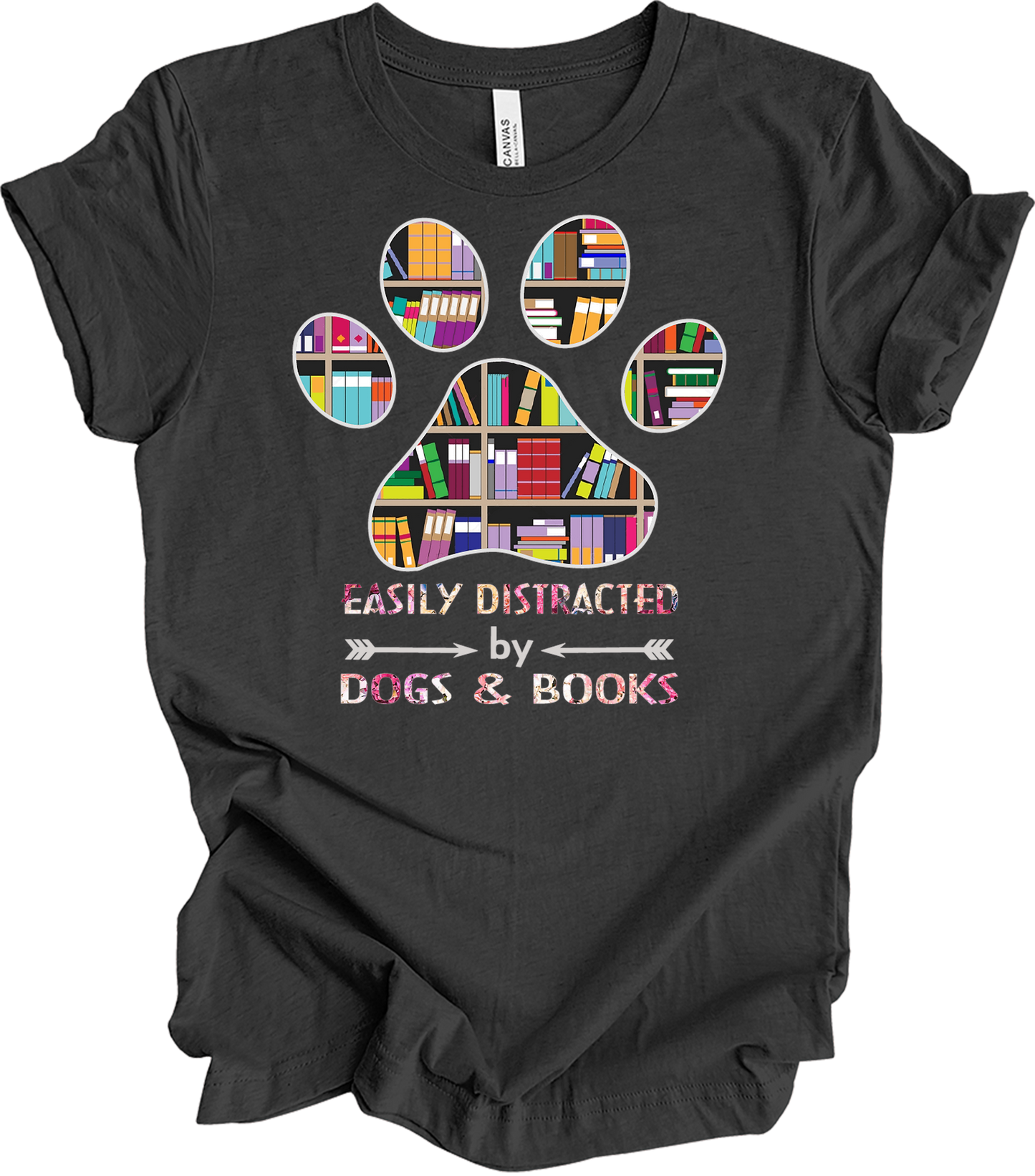 Colorful Paw Print Dogs & Books T-Shirt in Dark Grey Heather