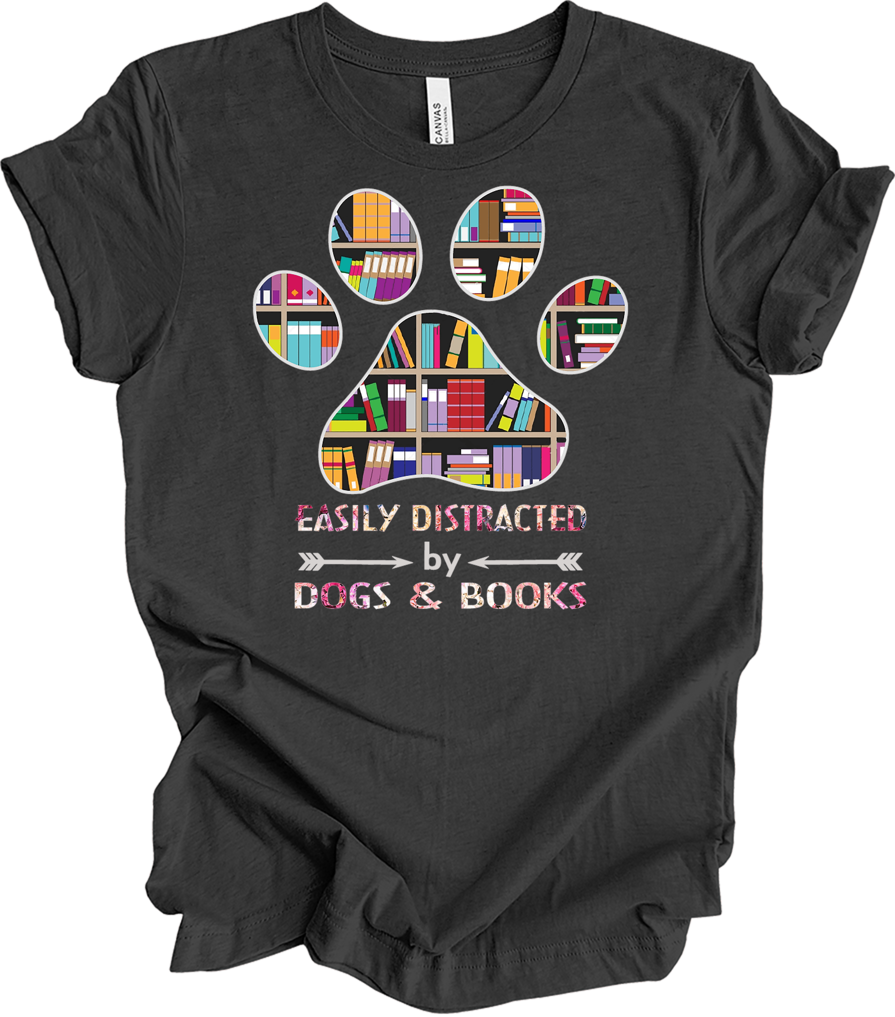 Colorful Paw Print Dogs & Books T-Shirt in Dark Grey Heather
