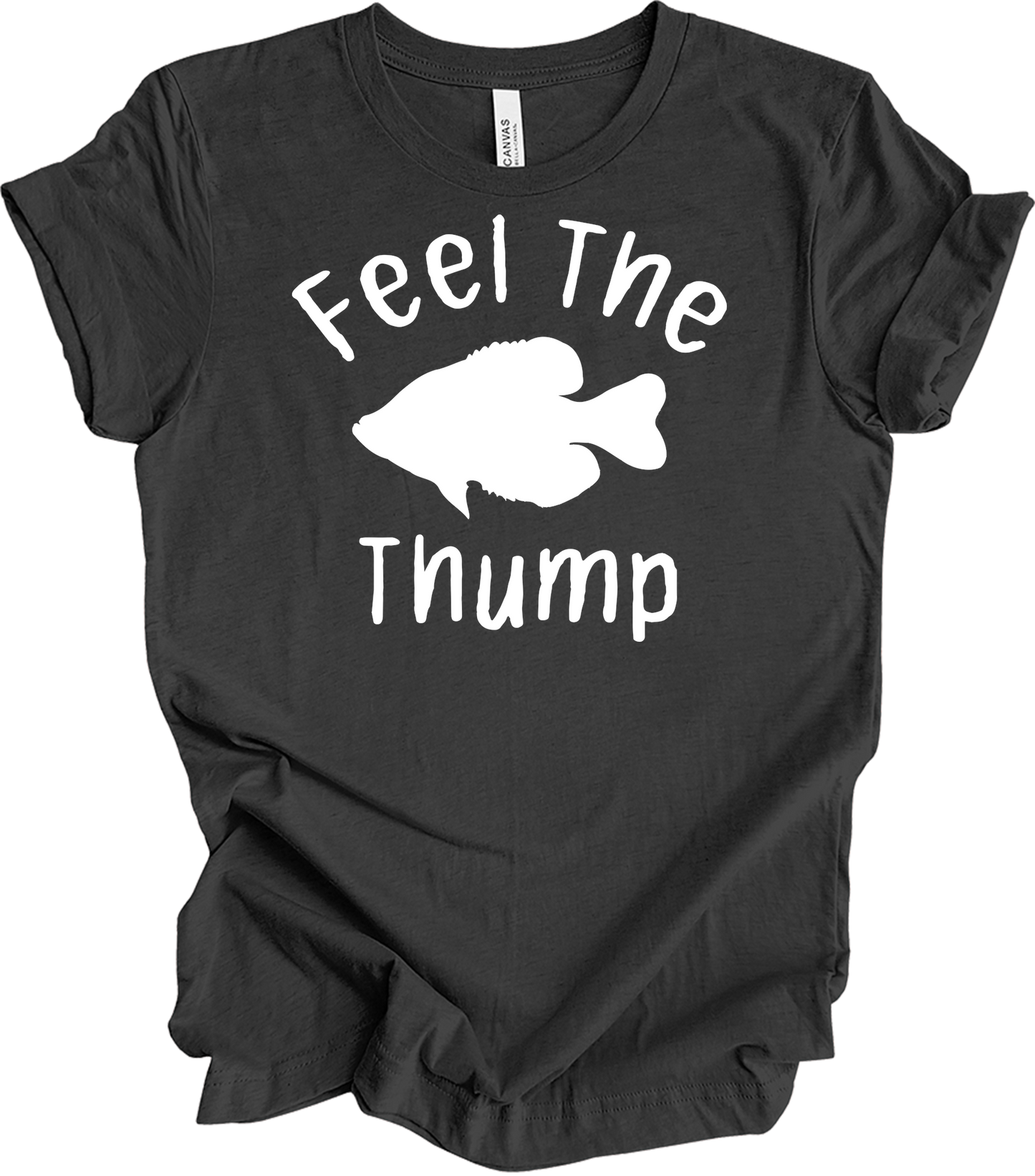 Feel The Thump Crappie Fishing T-Shirt in Dark Grey Heather