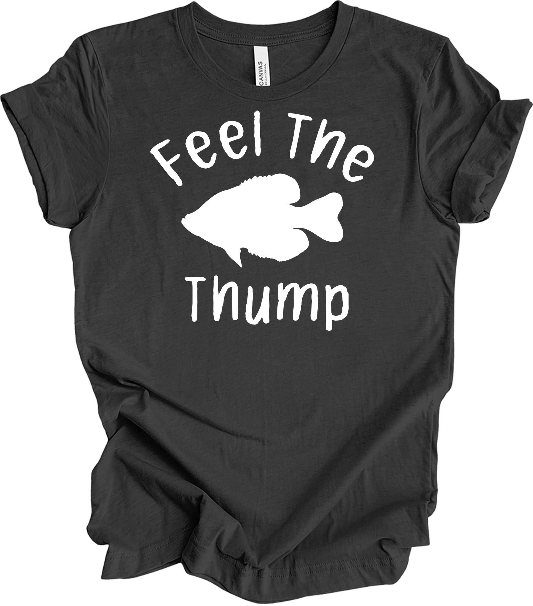 Feel The Thump Crappie Fishing T-Shirt in Dark Grey Heather