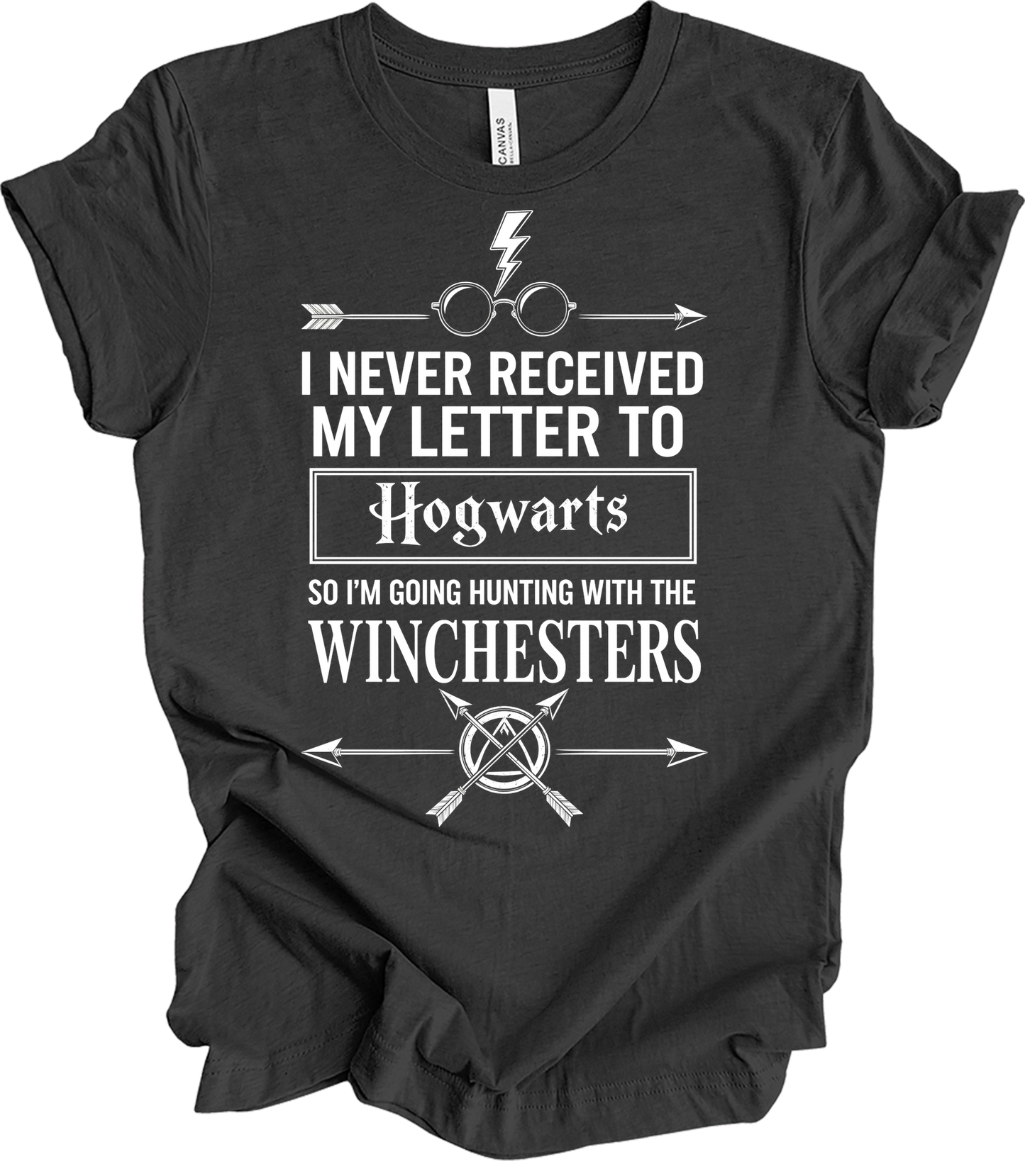 Hogwarts Letter & Winchesters T-Shirt in Dark Grey Heather