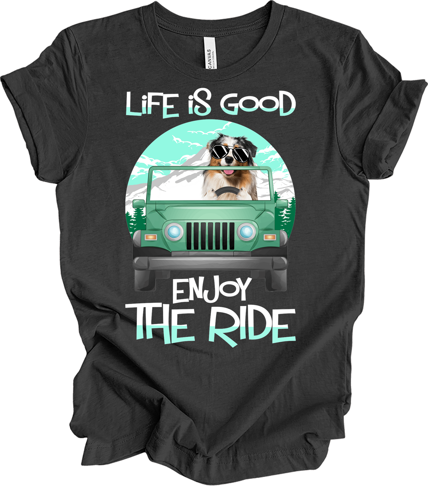 Australian Shepherd Jeep Dog - Life is Good Aussie Mom Gift T-Shirt in Dark Grey Heather
