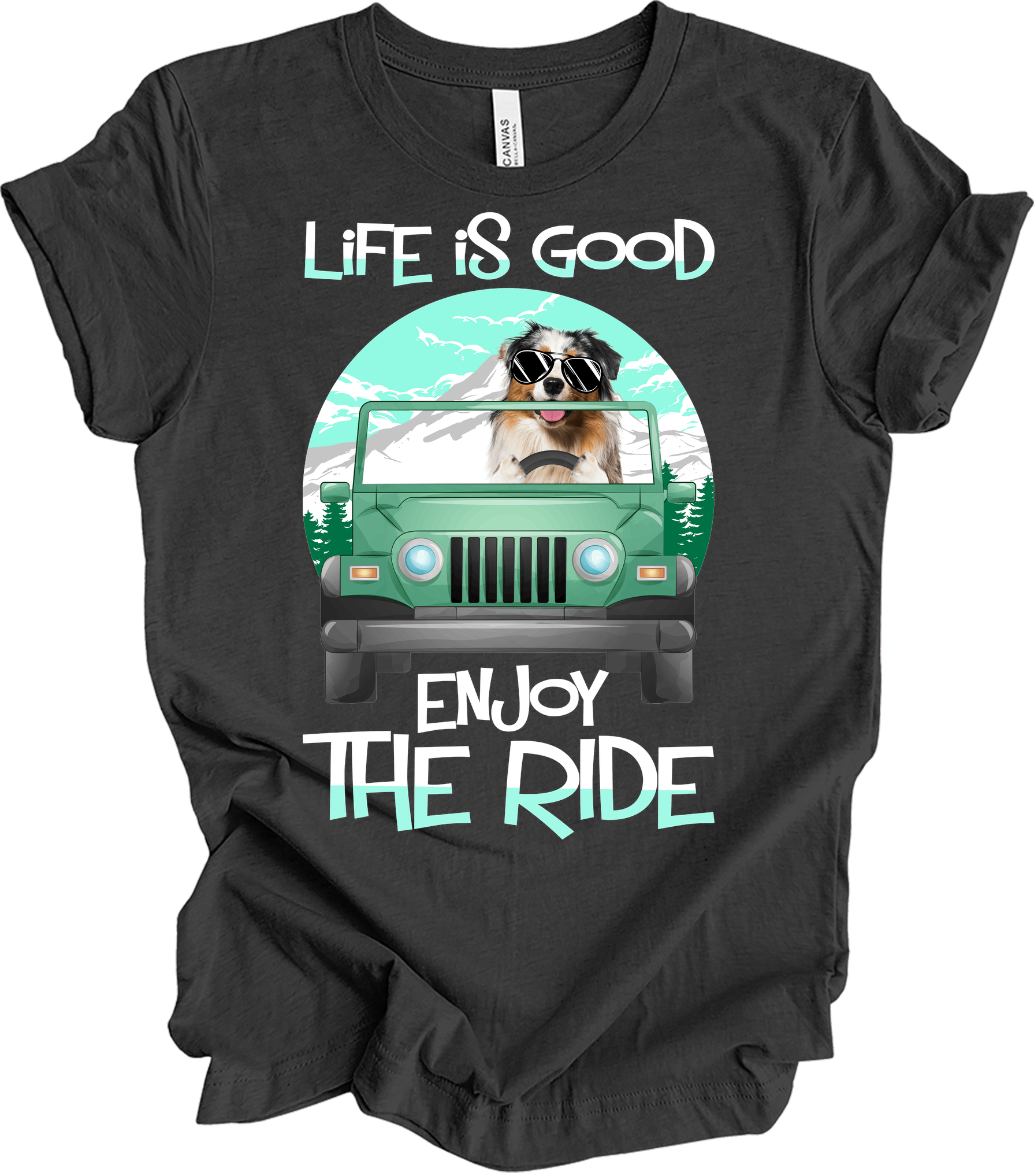 Australian Shepherd Jeep Dog - Life is Good Aussie Mom Gift T-Shirt in Dark Grey Heather