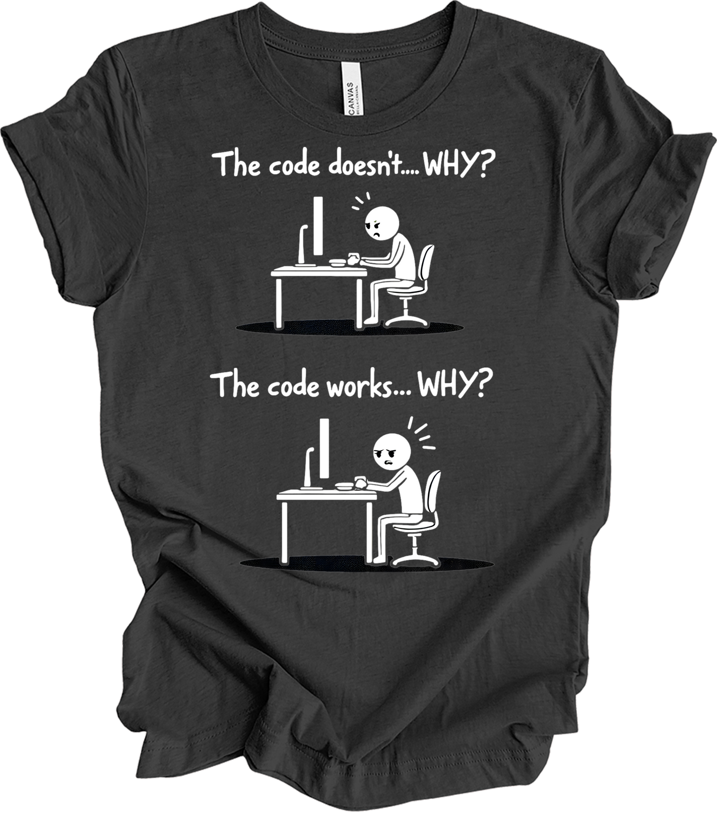 Code Works Why? Funny T-Shirt in Dark Grey Heather