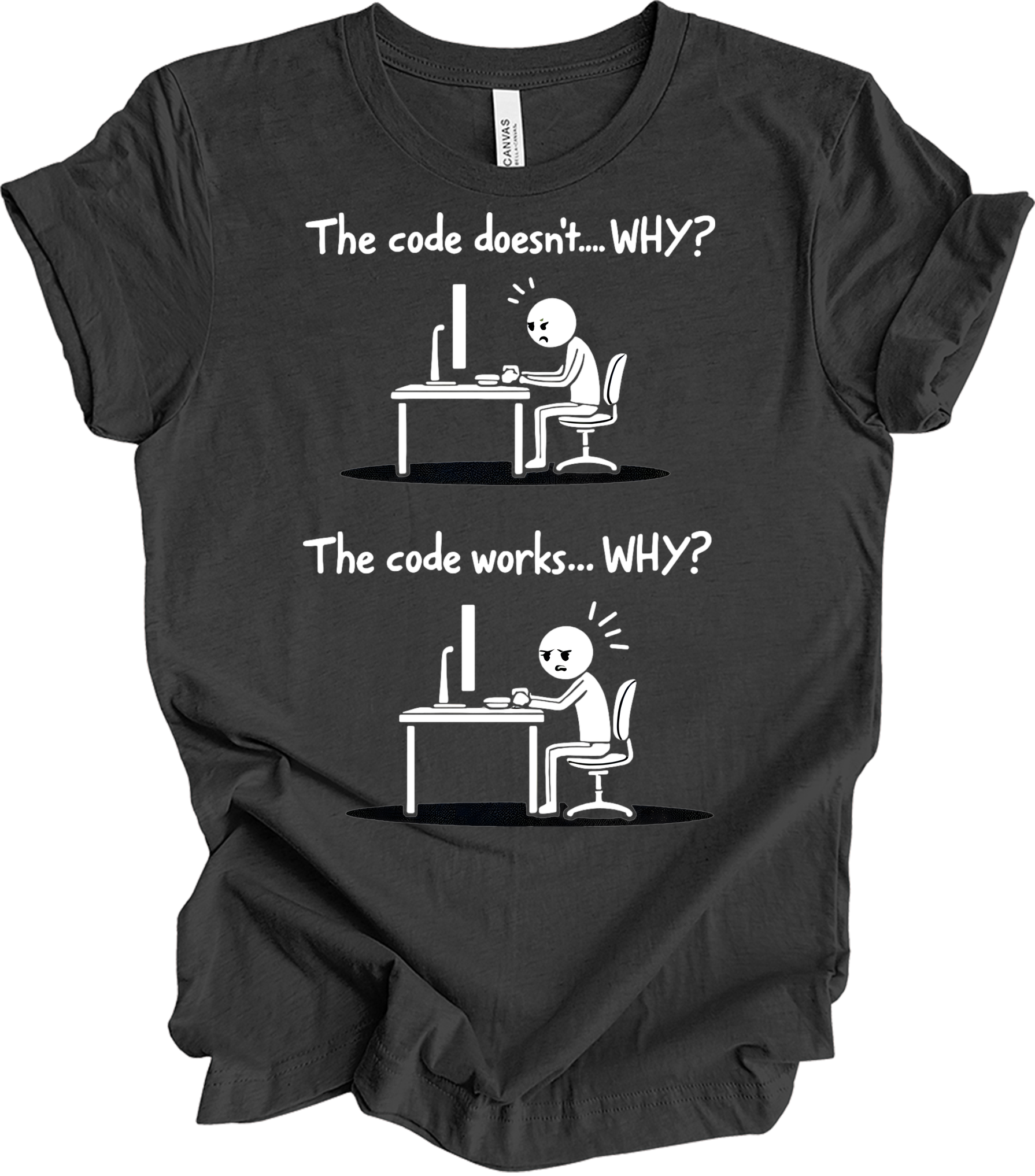 Code Works Why? Funny T-Shirt in Dark Grey Heather