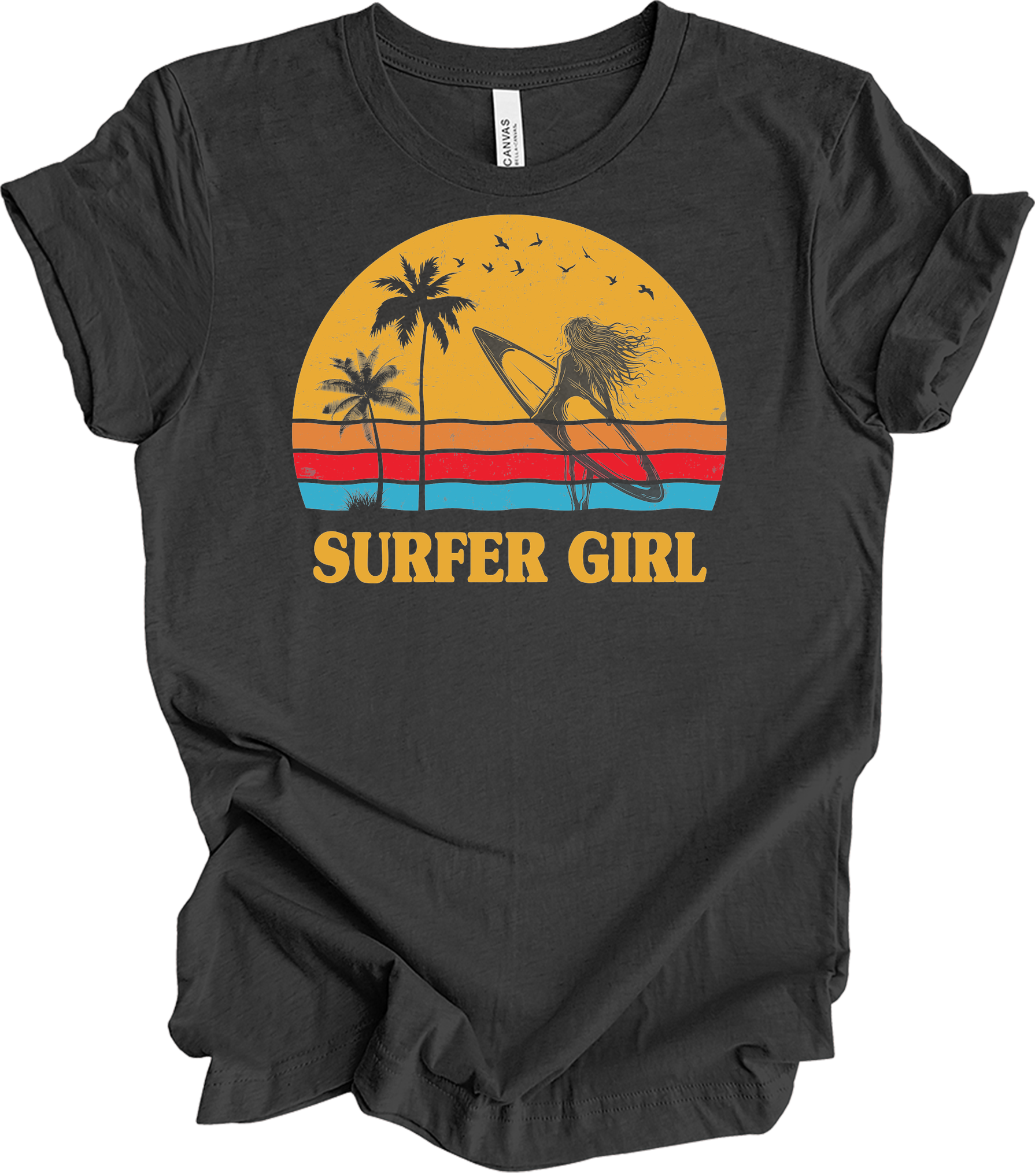 Surfer Girl Vintage Retro 70s Beach Surfing California Lover T-Shirt in Dark Grey Heather