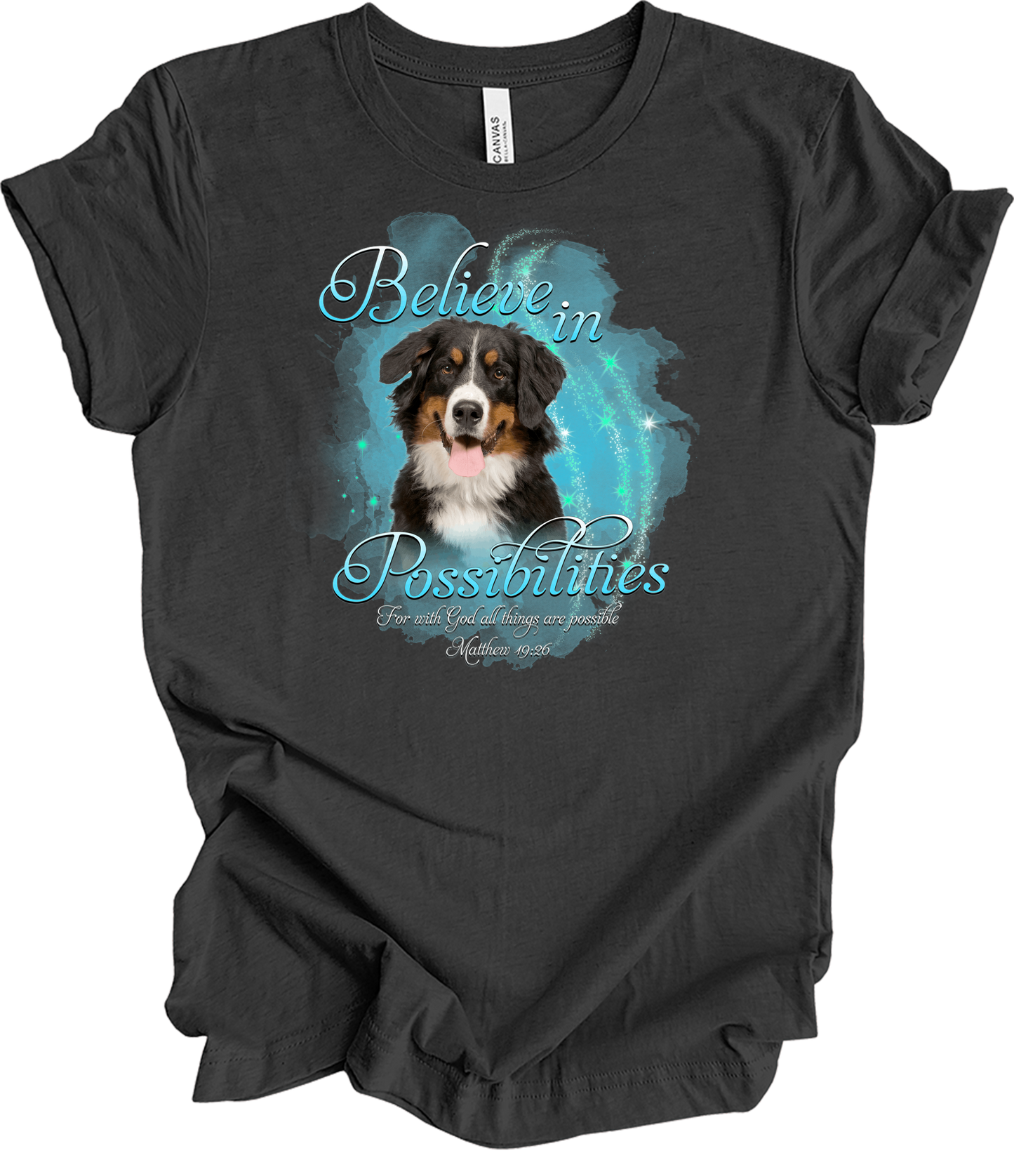 Bernese Dog 'Believe' T-Shirt in Dark Grey Heather