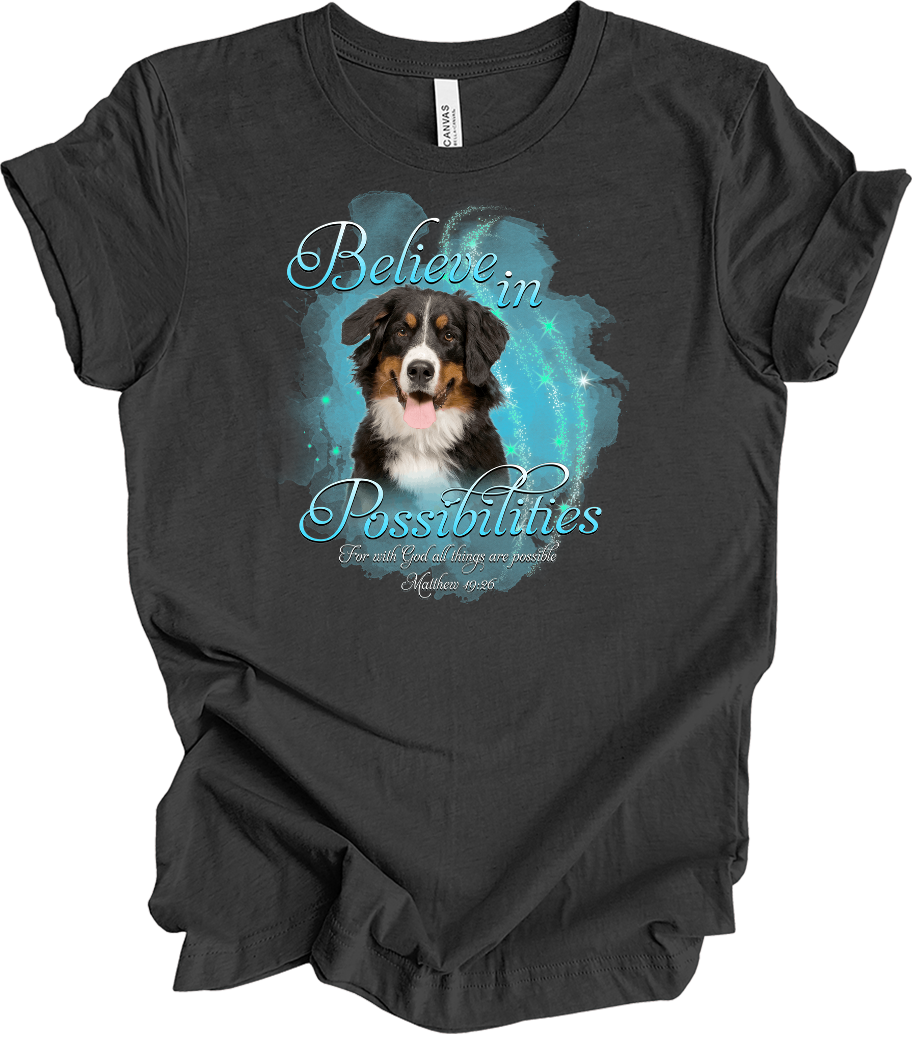Bernese Dog 'Believe' T-Shirt in Dark Grey Heather