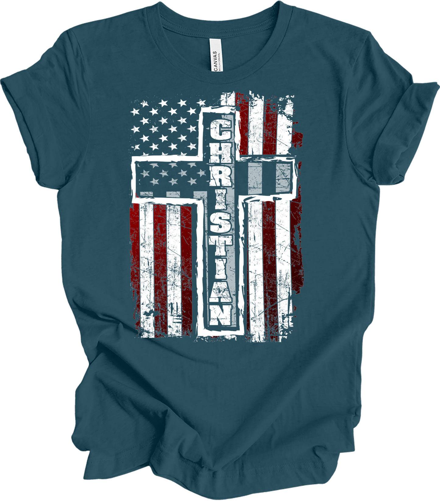 American Flag Cross Christian T-Shirt in Deep Teal