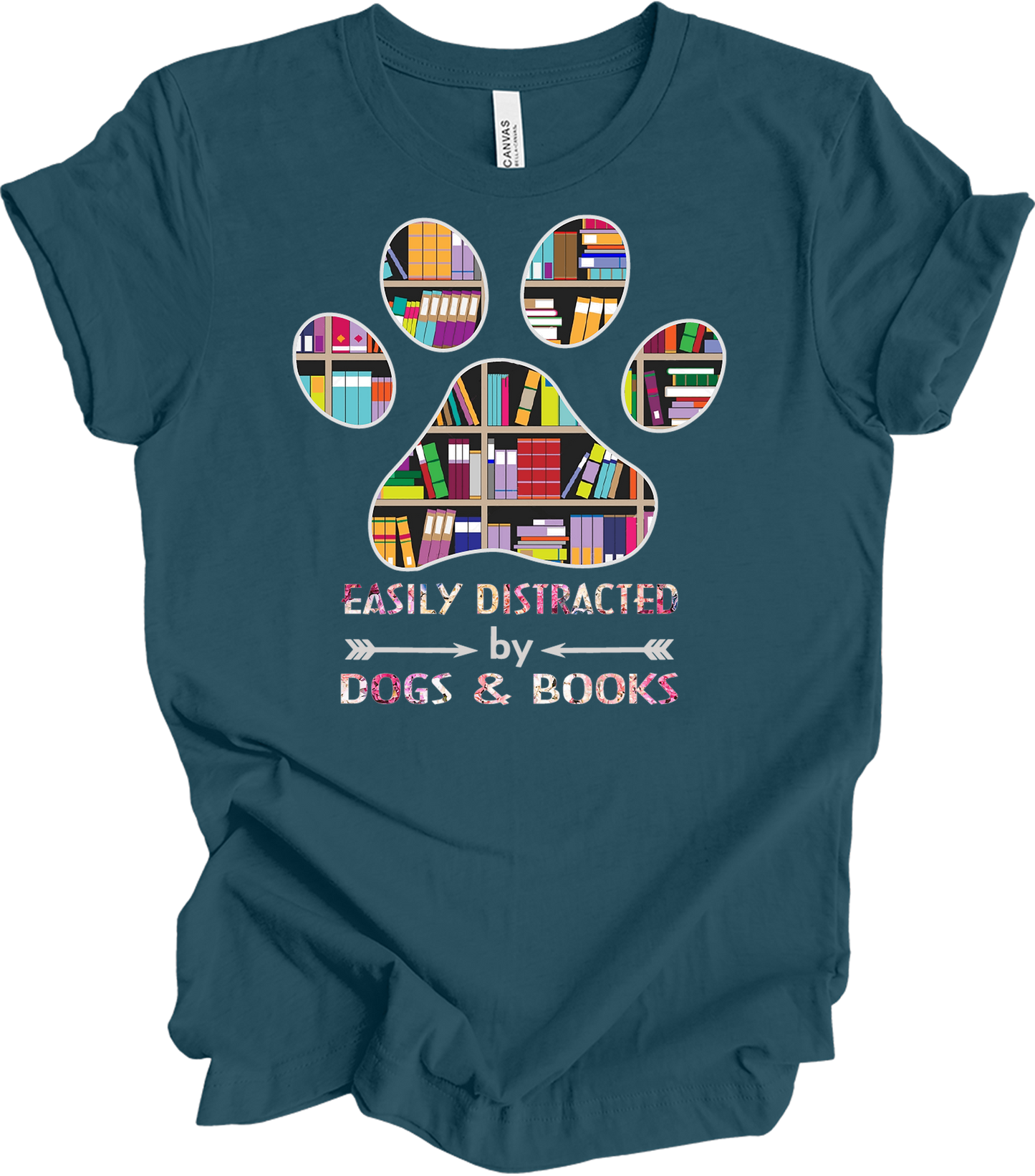 Colorful Paw Print Dogs & Books T-Shirt in Deep Teal