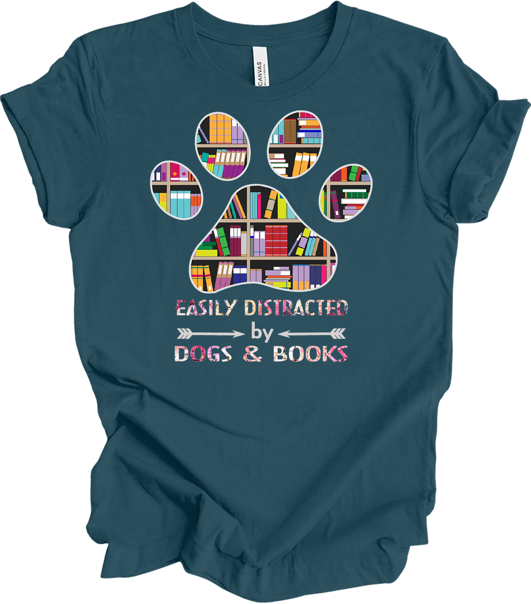 Colorful Paw Print Dogs & Books T-Shirt in Deep Teal