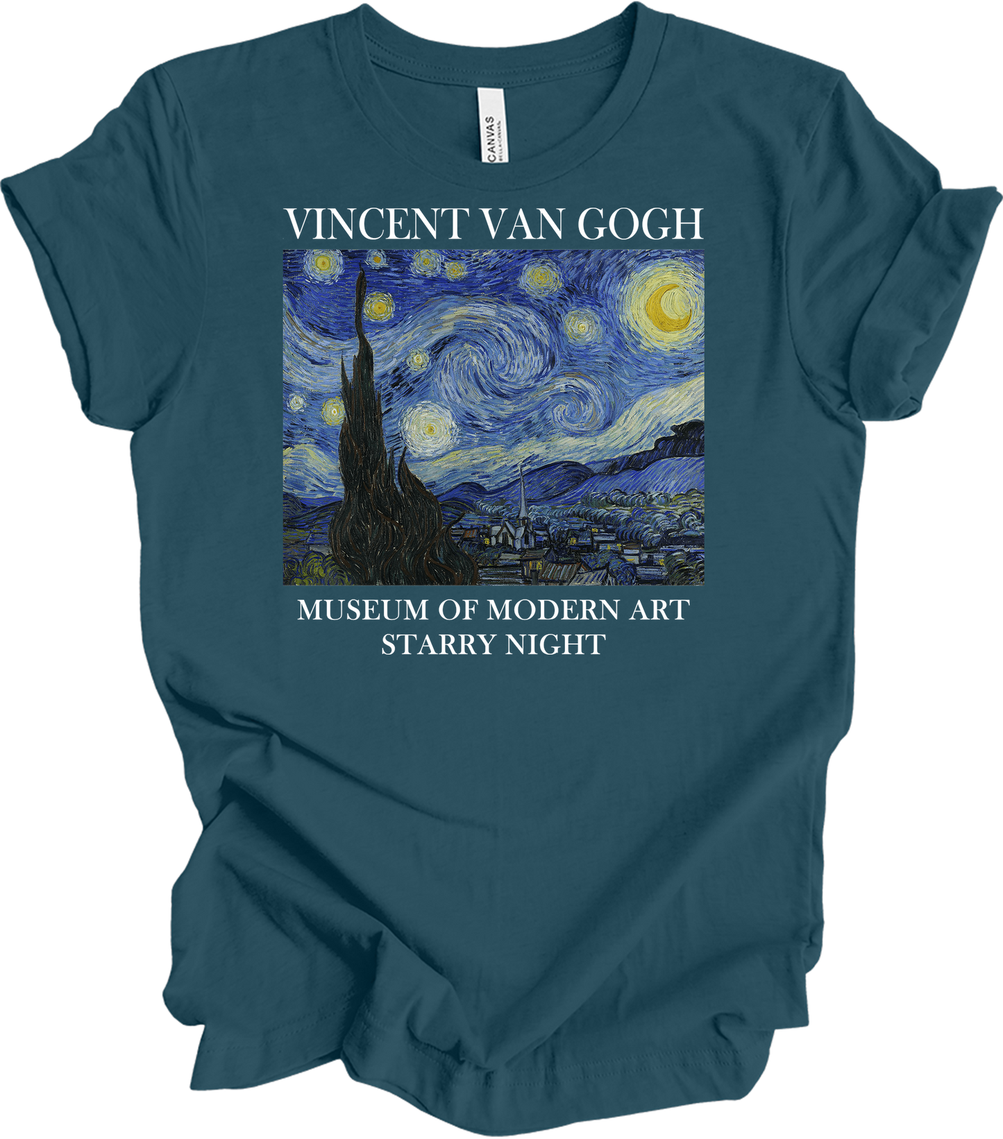 Van Gogh Starry Night Painting Art T-Shirt in Deep Teal