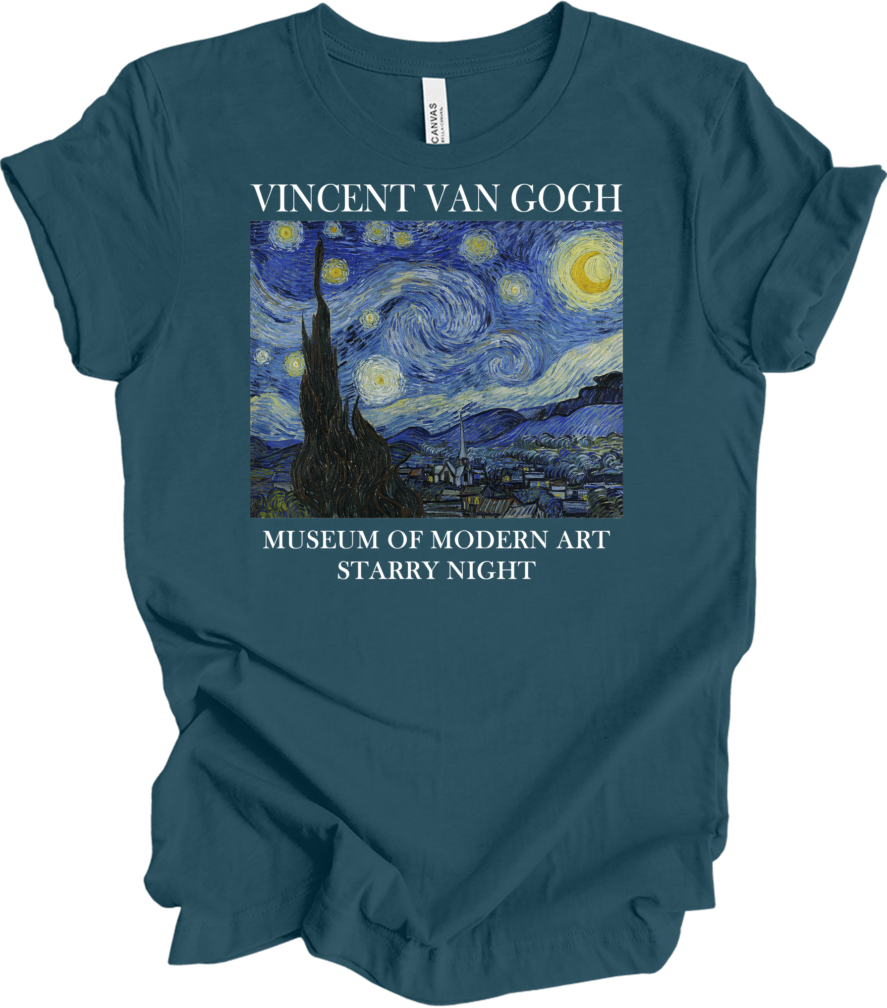 Van Gogh Starry Night Painting Art T-Shirt in Deep Teal