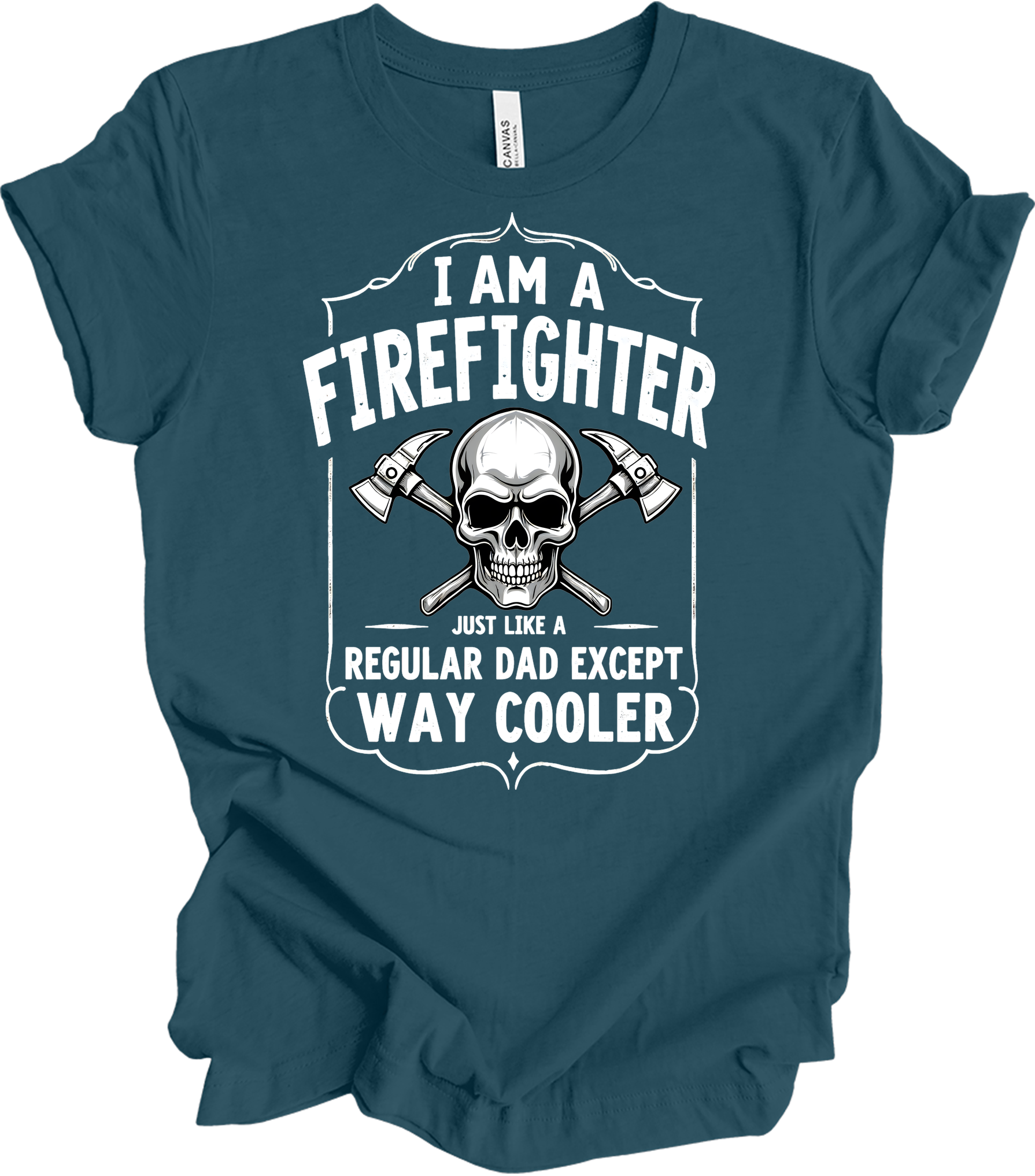 Firefighter Dad Cool Skull T-Shirt in Deep Teal
