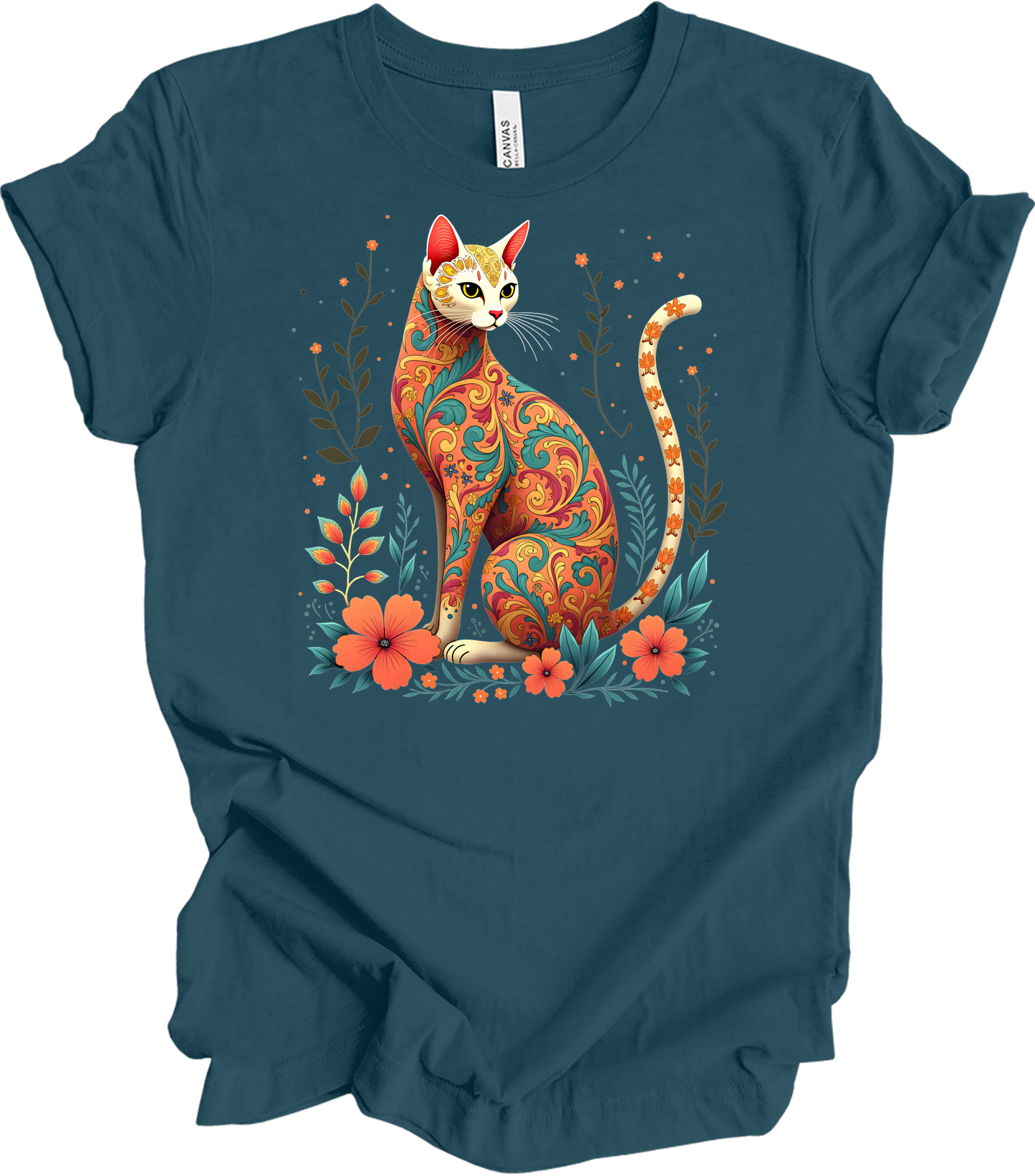 Floral Cat Art - Siamese Design T-Shirt in Deep Teal