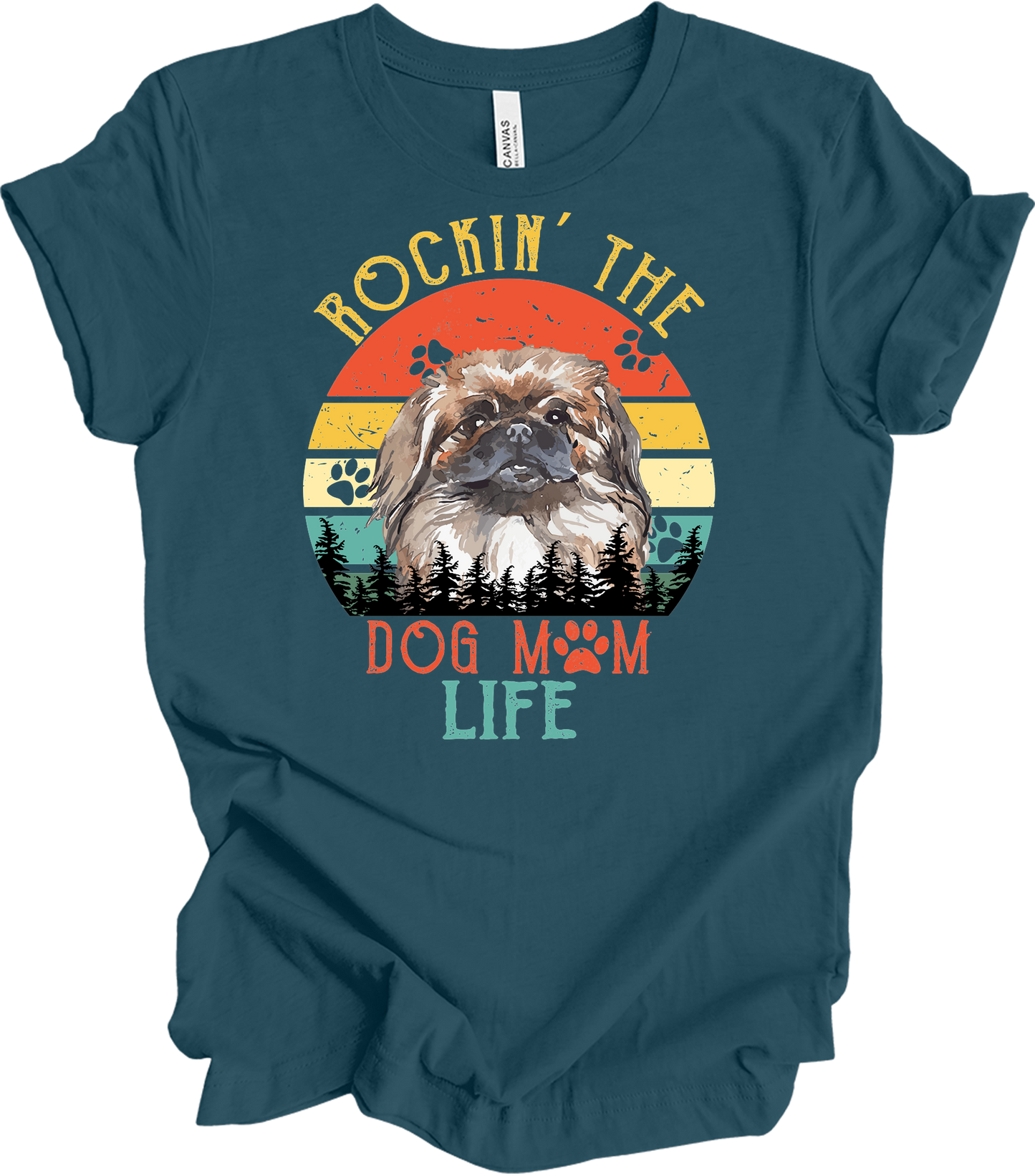 Pekingese Dog Mom Life Retro Sunset T-Shirt in Deep Teal